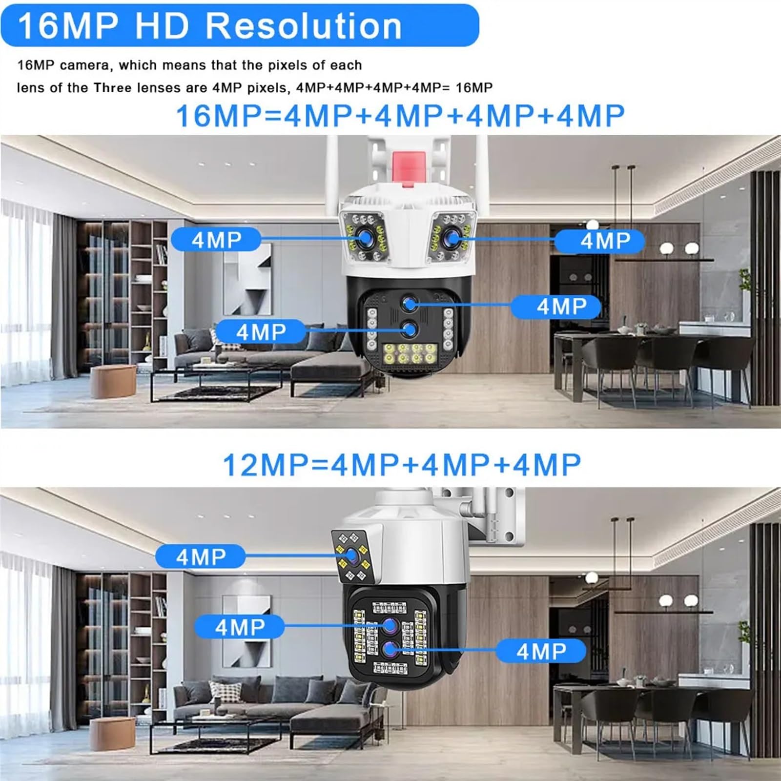 Telecamera di sicurezza, Telecamera PTZ a quattro obiettivi 8K 16MP IP a tre schermi AI Tracciamento umano di sorveglianza CCTV sicurezza esterna(8K Add 64G Card)