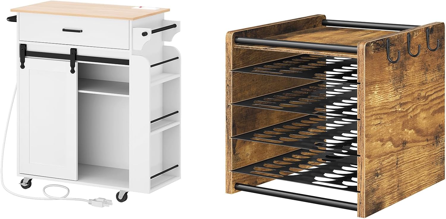 Kitchen Island with Storage, Kitchen Storage Cabinets with Charging Station, Coffee Pod Drawer Holder, ZD01UWN-KH16BR