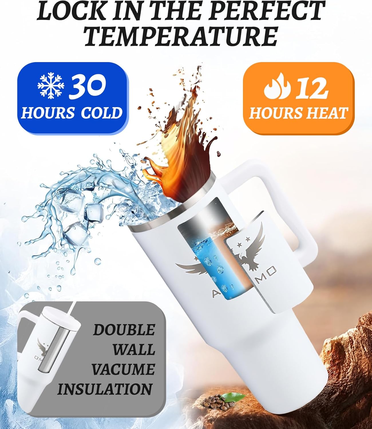 AMO 40 oz Tumbler With Handle and Straw - Vacuum Insulated Double Wall, Stainless Steel, Travel Friendly Water Bottle, Keeps Drinks Hot or Cold, Leak-Proof Design, Ideal for Outdoor & Daily Use- White