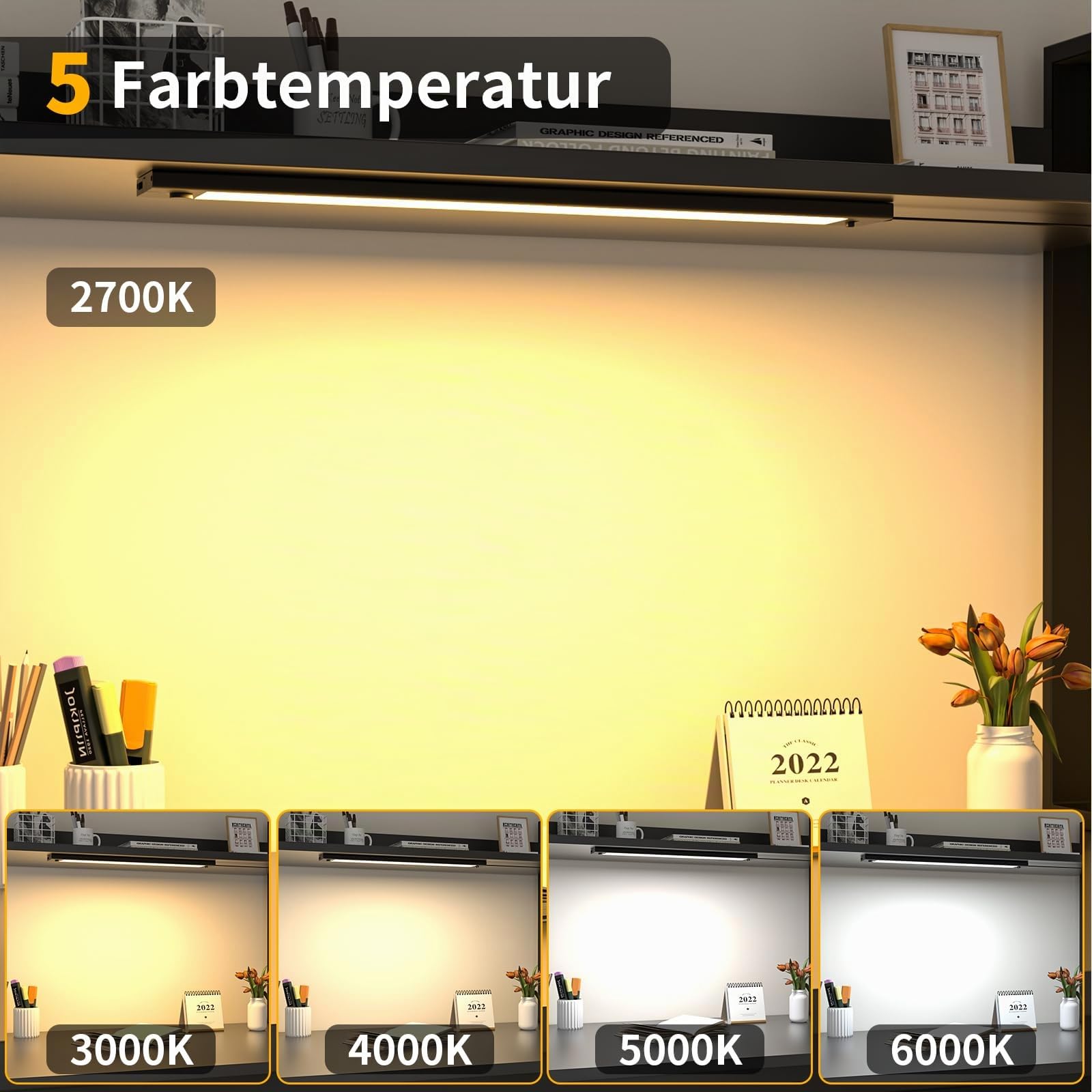 WOBANE 60cm Unterbauleuchte Küche LED, Aluminium, 5 Farben Dimmbar, 1200LM