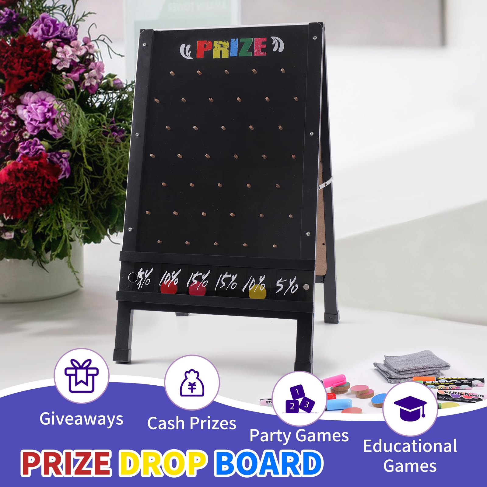 Tablero de juego Prize Drop, 15.7 x 27.5 pulgadas, diseño plegable de doble cara con letrero de pizarra de madera con marco en A para familia, carnaval, feria comercial y fiesta, incluye 10 discos de
