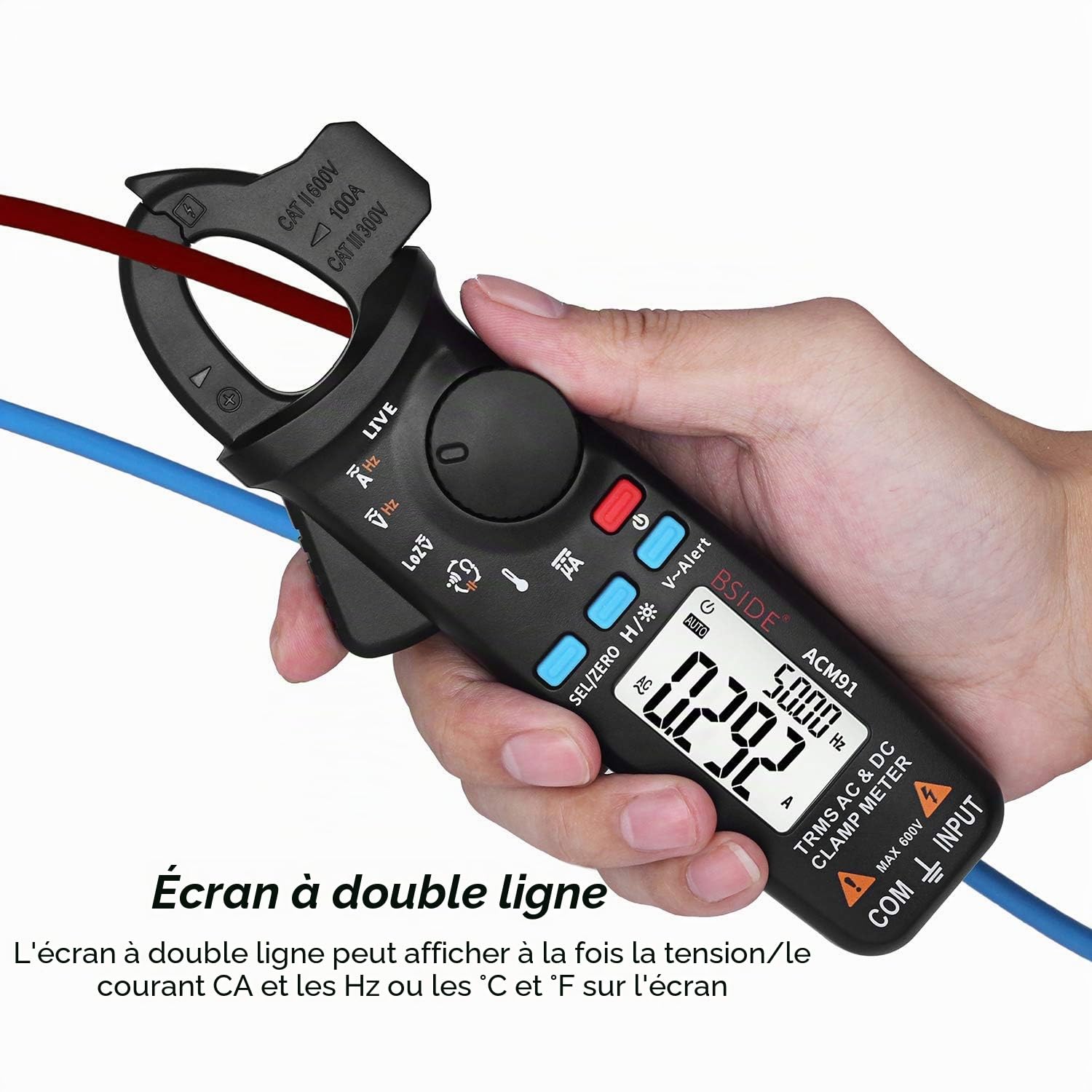 BSIDE ACM91 Pince multimètre 1 mA Courant AC/DC TRMS Auto-Ranging 6000 comptes Multimètre Capacitance Live Check V-Alert Testeur avec clip de poche