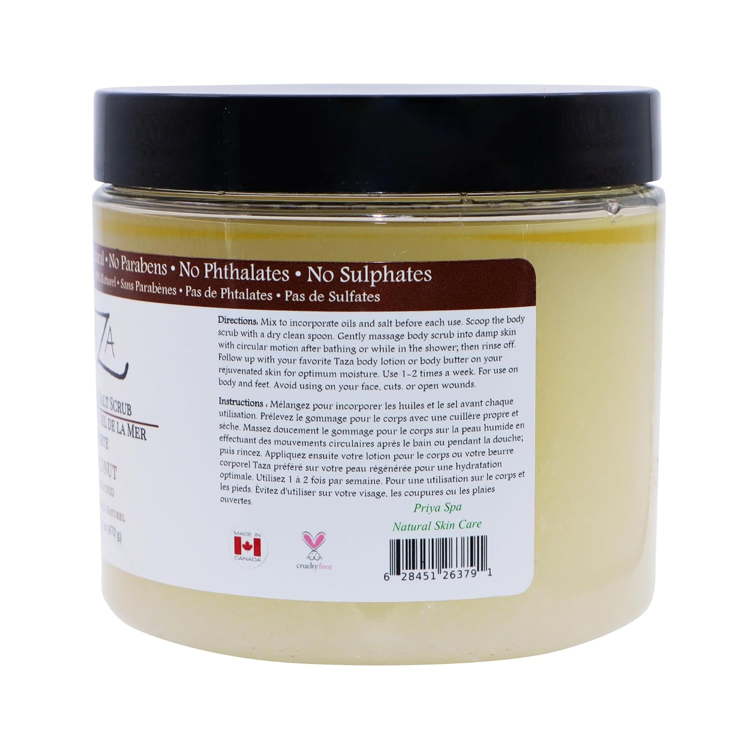 Premium Taza Coconut Dead Sea Salt Scrub, 473 ml 24 oz (670 g) Exfoliates Your Skin Leaving it Soft and Hydrated Contains: Coconut Oil, Shea Butter, Grapeseed Oil, Sweet Almond Oil, 26 Minerals