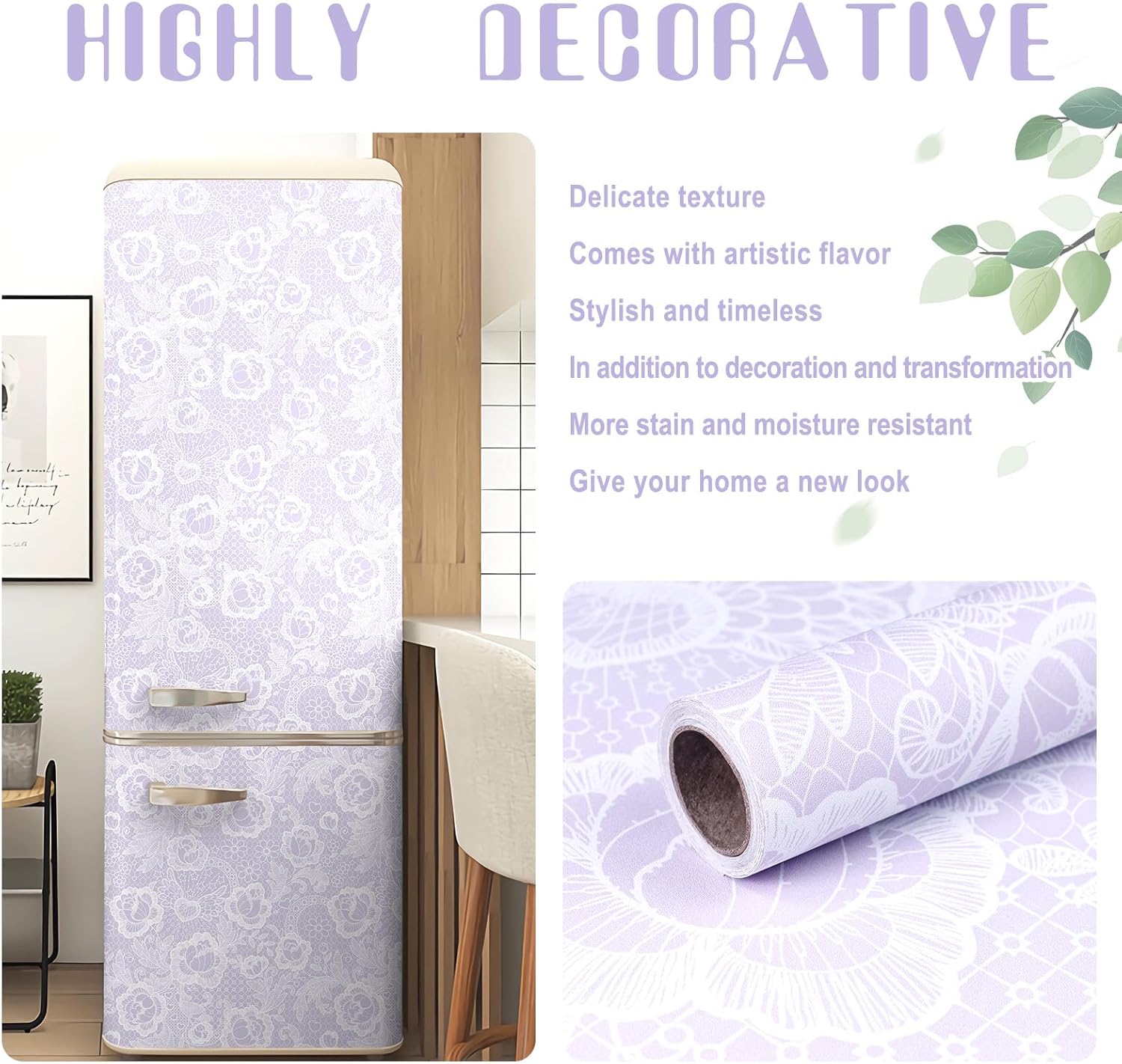 Amiya Purple Floral Peel and Stick Wallpaper Purple Boho Vinyl Removable Contact Paper Modern Flower Leaf Removable Self Adhesive Wall Paper for Cabinet Bedroom Shelf Liner17.3”X120”