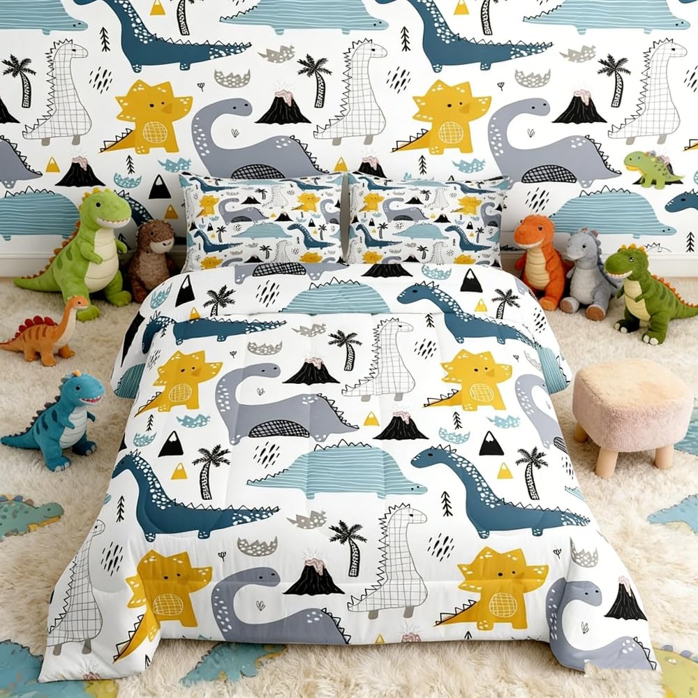 Loussiesd Kids Duvet Insert Double Size Dinosaur quilted Set Bed Cartoon Animals Nice Dino Pattern Winter Summer Soft Microfiber with 1 Pillowcase for Girls Boys — image 1
