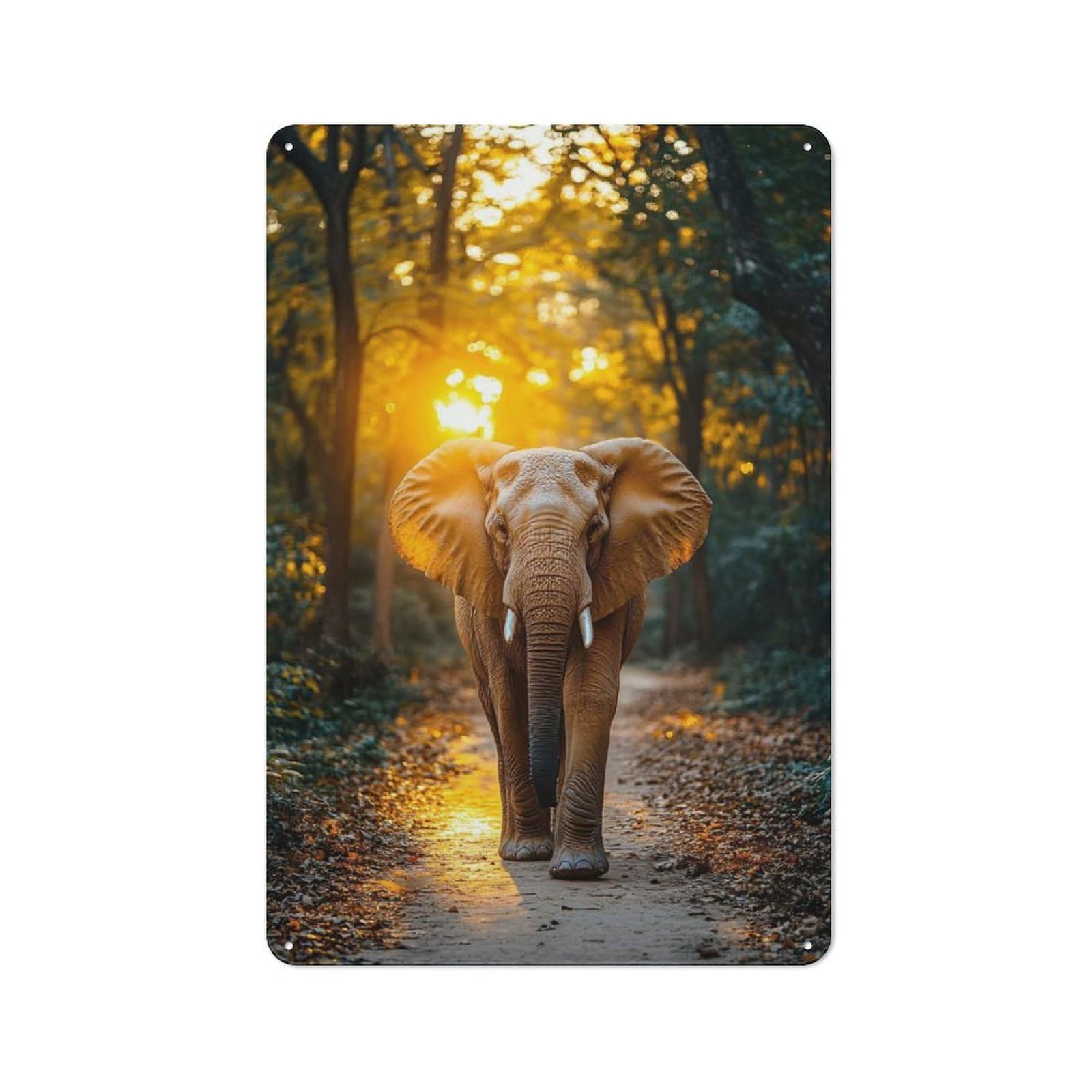 Junmoney Style-13 Elephant Walking Through Forest At Sunset Cottage Style Metal Wall Decor 30X20cm, Tin Wall Plaque For Kitchen, Cottage, Porch Or Garden Room