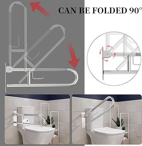 Miniatura 5 de Barra de agarre para inodoro de 30.3 pulgadas, riel de soporte antideslizante de níquel cepillado, barra de agarre abatible en forma de U con