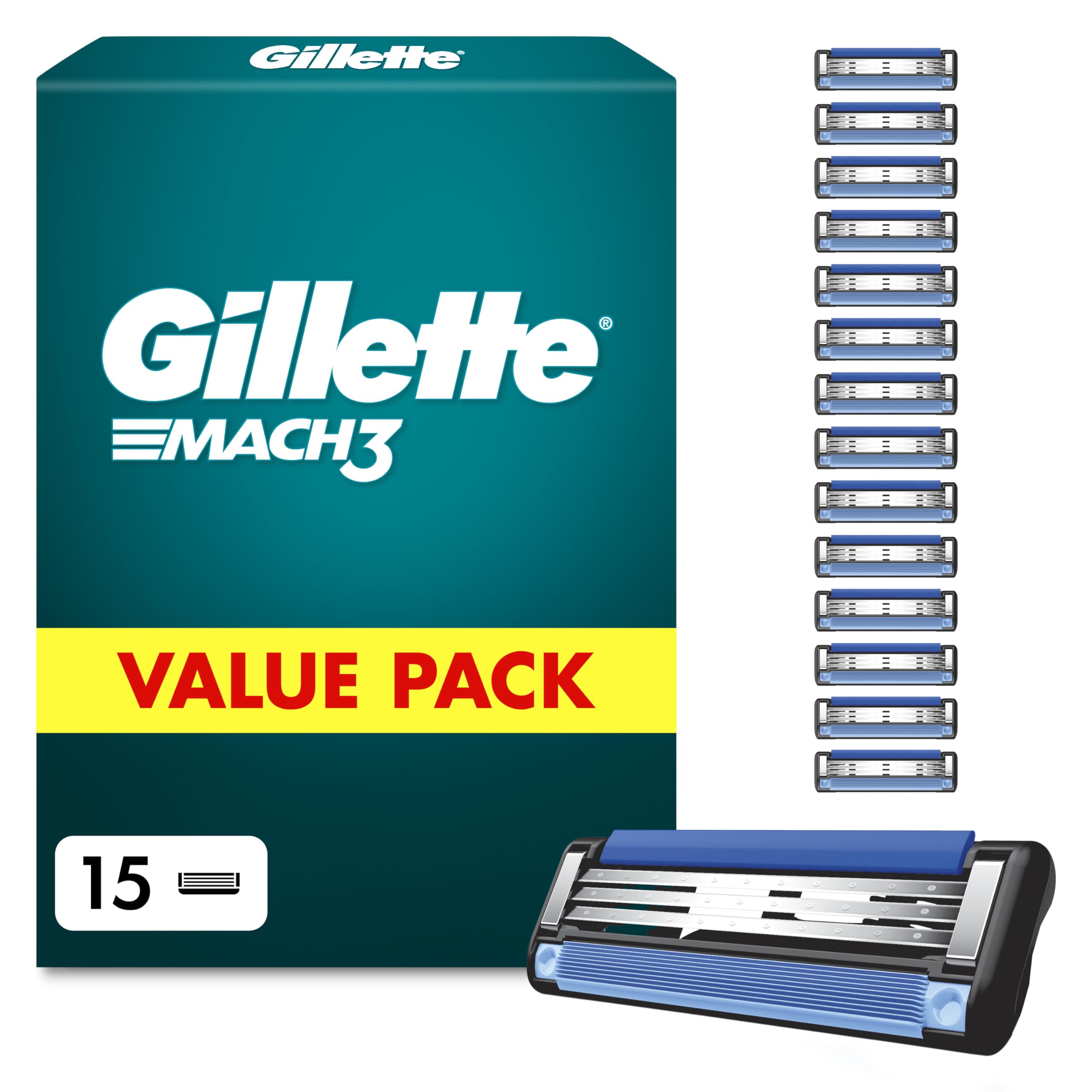 Gillette Mach3 Recharges De Lames De Rasoir pour Homme, Rasoirs À 3 Lames 15 Recharges De Lames, Lames Plus Résistantes Que L’Acier