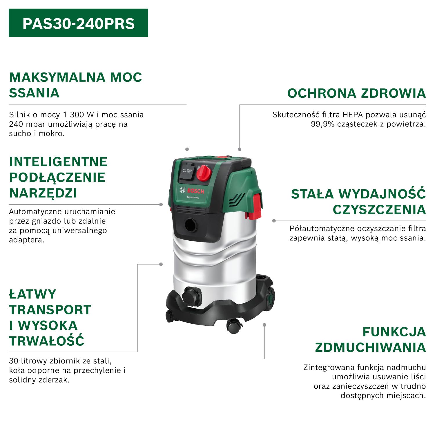 Bosch Odkurzacz do pracy na sucho i mokro PAS30-240PRS (rury, wąż 2,2 m, uchwyt/kolanko, dysza do podłóg i dysza do fug, worek włókninowy, filtr płaski fałdowany (HEPA), UniversalAdapter, pilot)