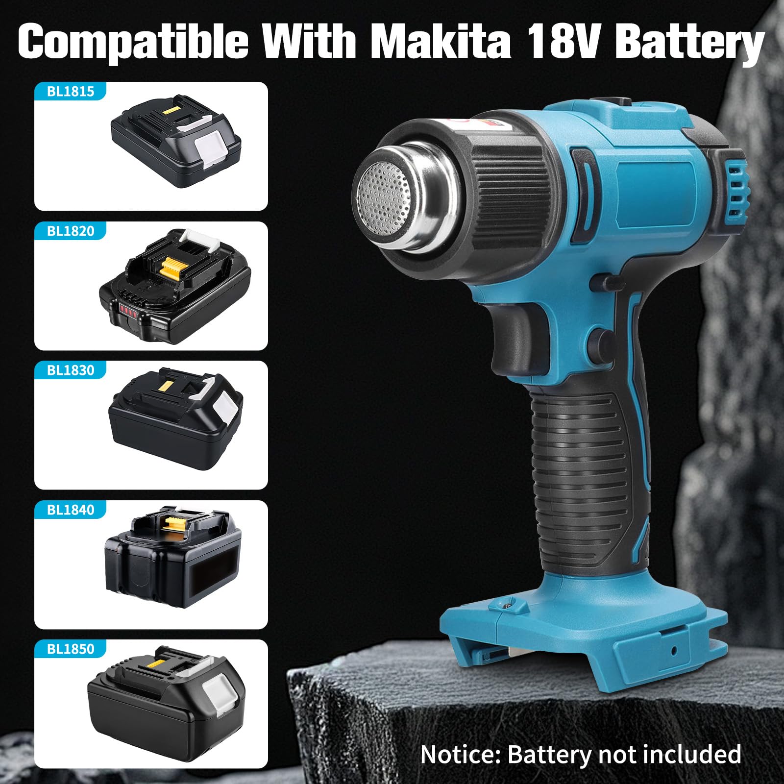 Heißluftpistole Kompatibel mit Makita 18V — Kabellose Heißluftgebläse mit LCD-Display, Elektrische Heißluftfön mit 5 Düsen und Einstellbarer Temperatur 50°C-550°C, für Basteln,Schrumpfen(Ohne Akku)
