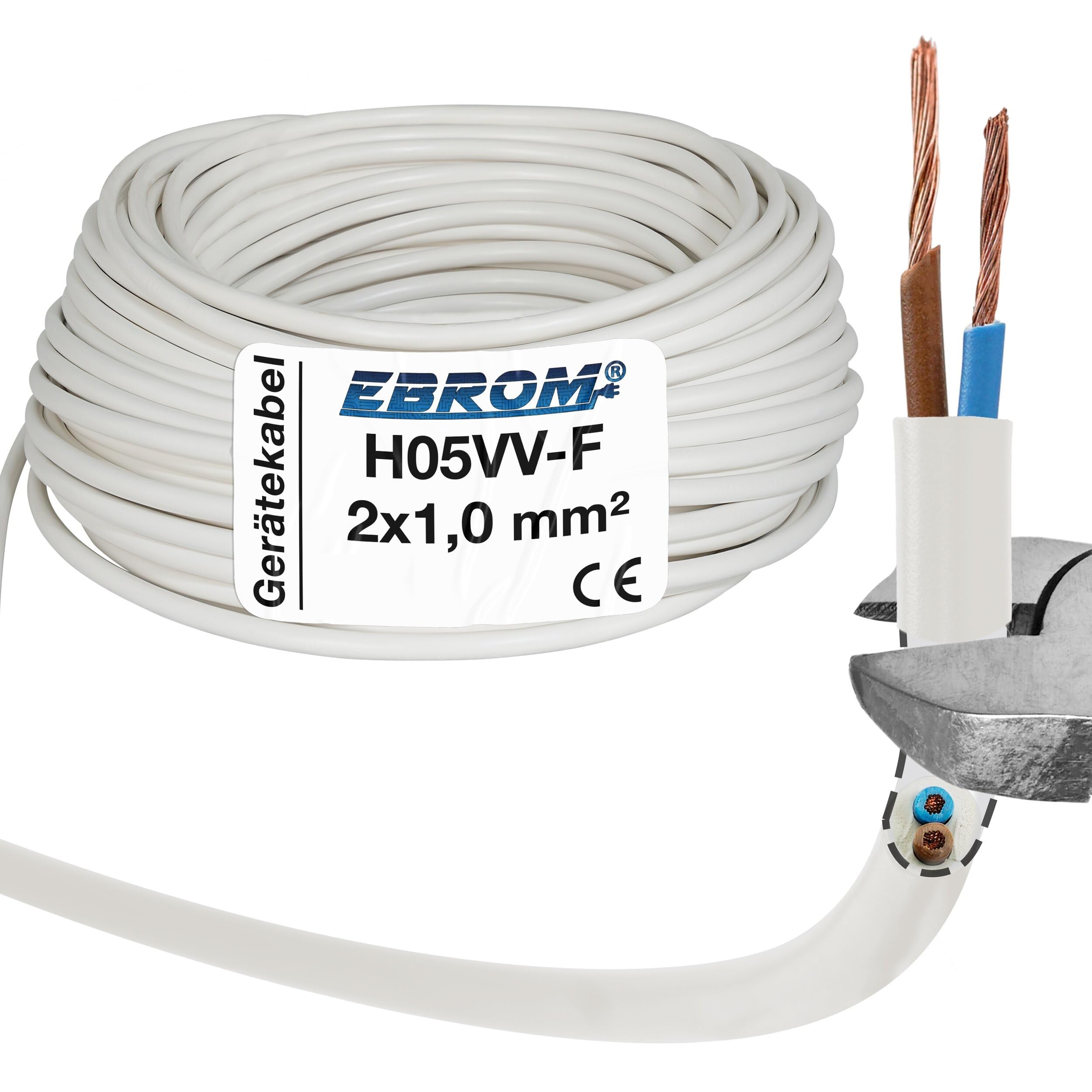 H05 VV-F - Tubo flexible (2 x 1 mm², 25 m), color blanco