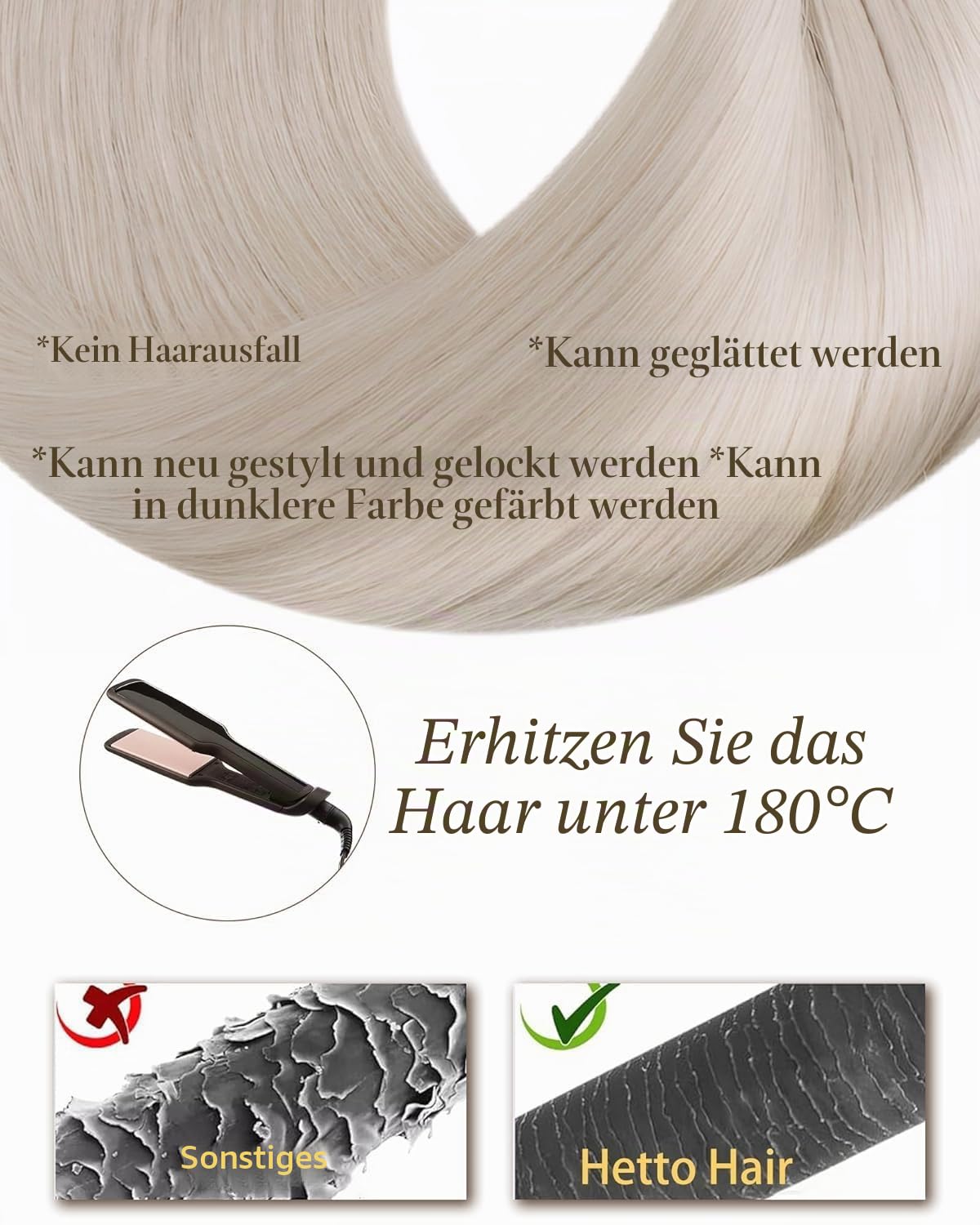 Hetto Extensions Echthaar Bondings, Aschblond, 35cm | 50 Strähnen 50g 100% Remy Haar, Invisible Keratinspitze in U-Form, thermische Fixierung, keine Schäden, Natürlicher Look