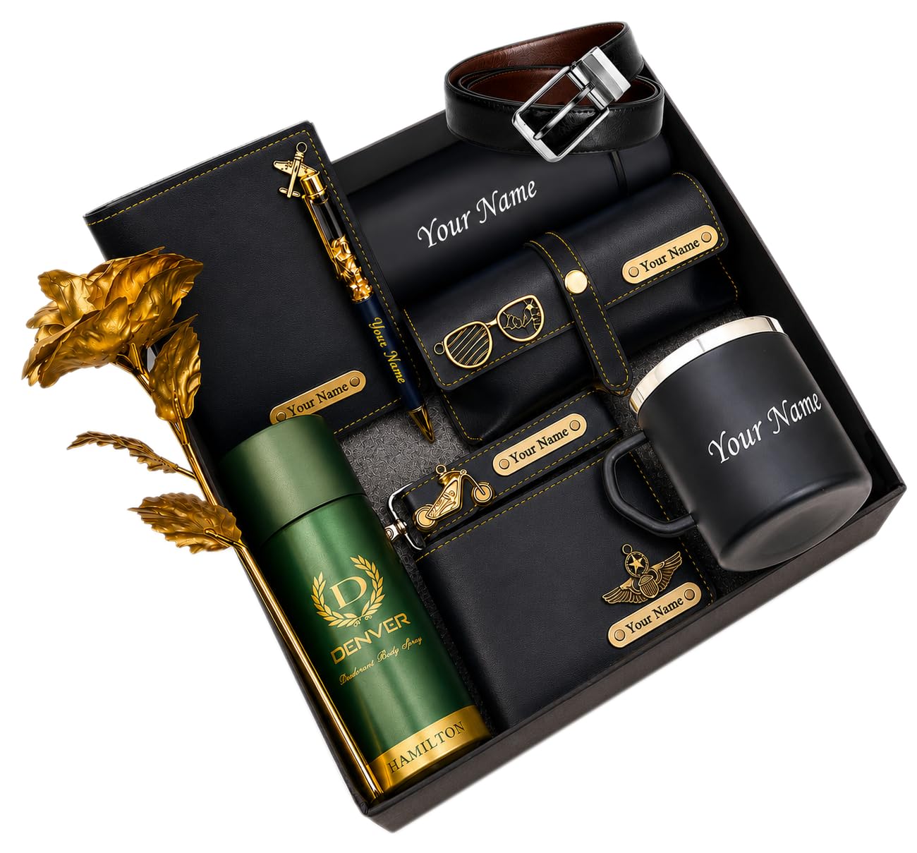 Office Kit Customized Mens Gift Hamper Set Pack of 10, Men's Wallet Perfume, Passport, Sunglass Cover, Keychain, Water Bottle, Belt, Coffee Mug, Pen, Flower Personalized Customized Gift For Men, Black-image-3