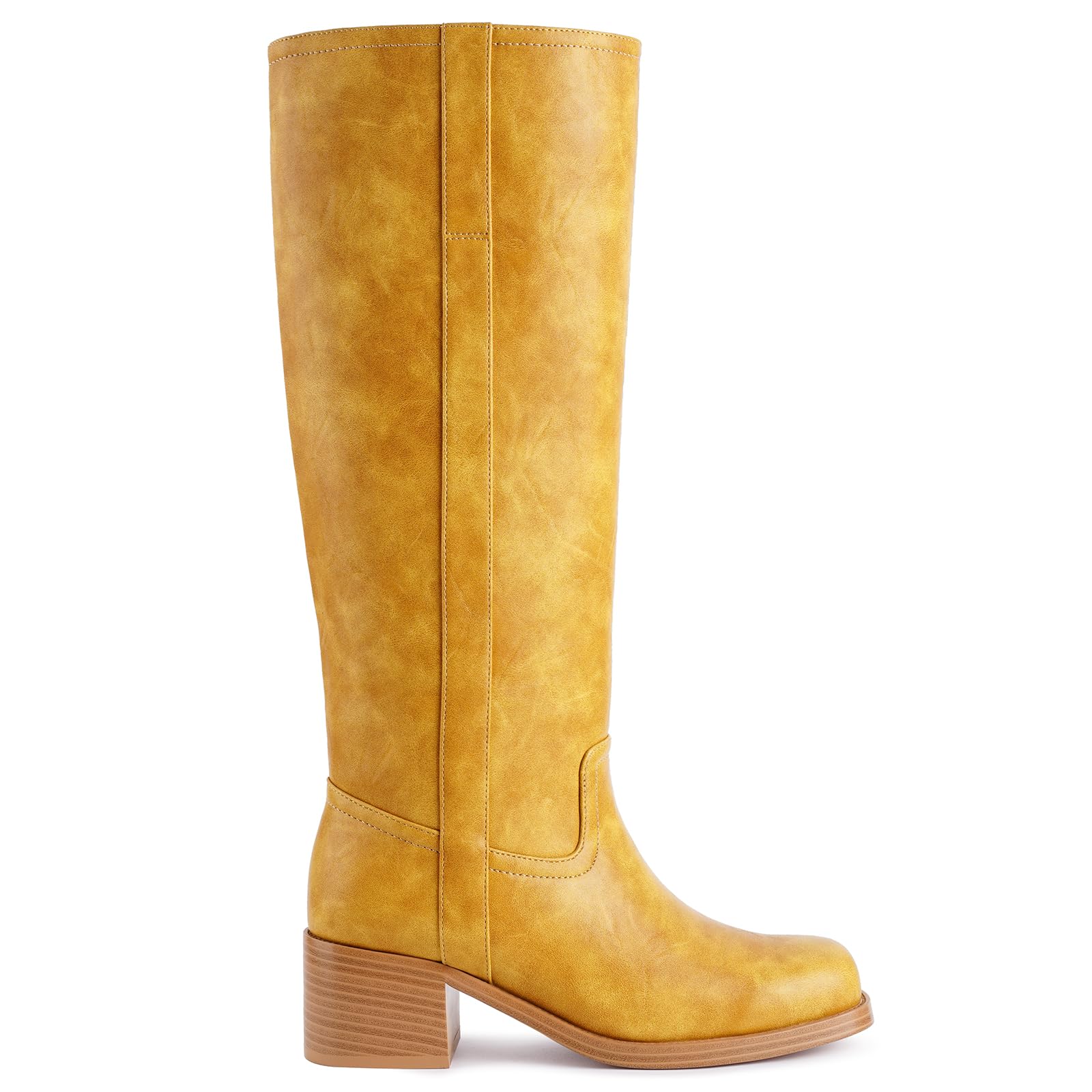 Womens Banana Knee High Boots Square Toe Chunky Block Heel Comfortable Low Heel Pull on Wide Calf Riding