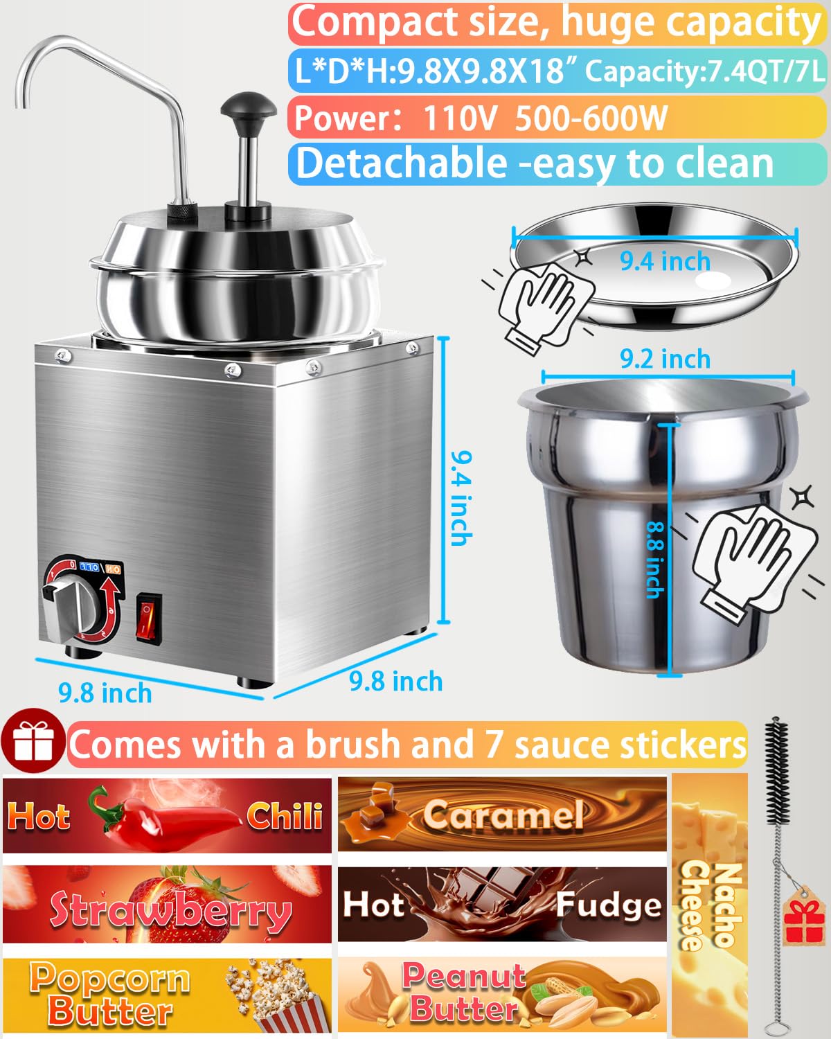 Dispensador de queso Nacho, calentador de queso nacho de 7.4 cuartos con bomba de acero inoxidable, calentador de dulce caliente con ajuste de temperatura de 6 niveles, máquina dispensadora de salsa
