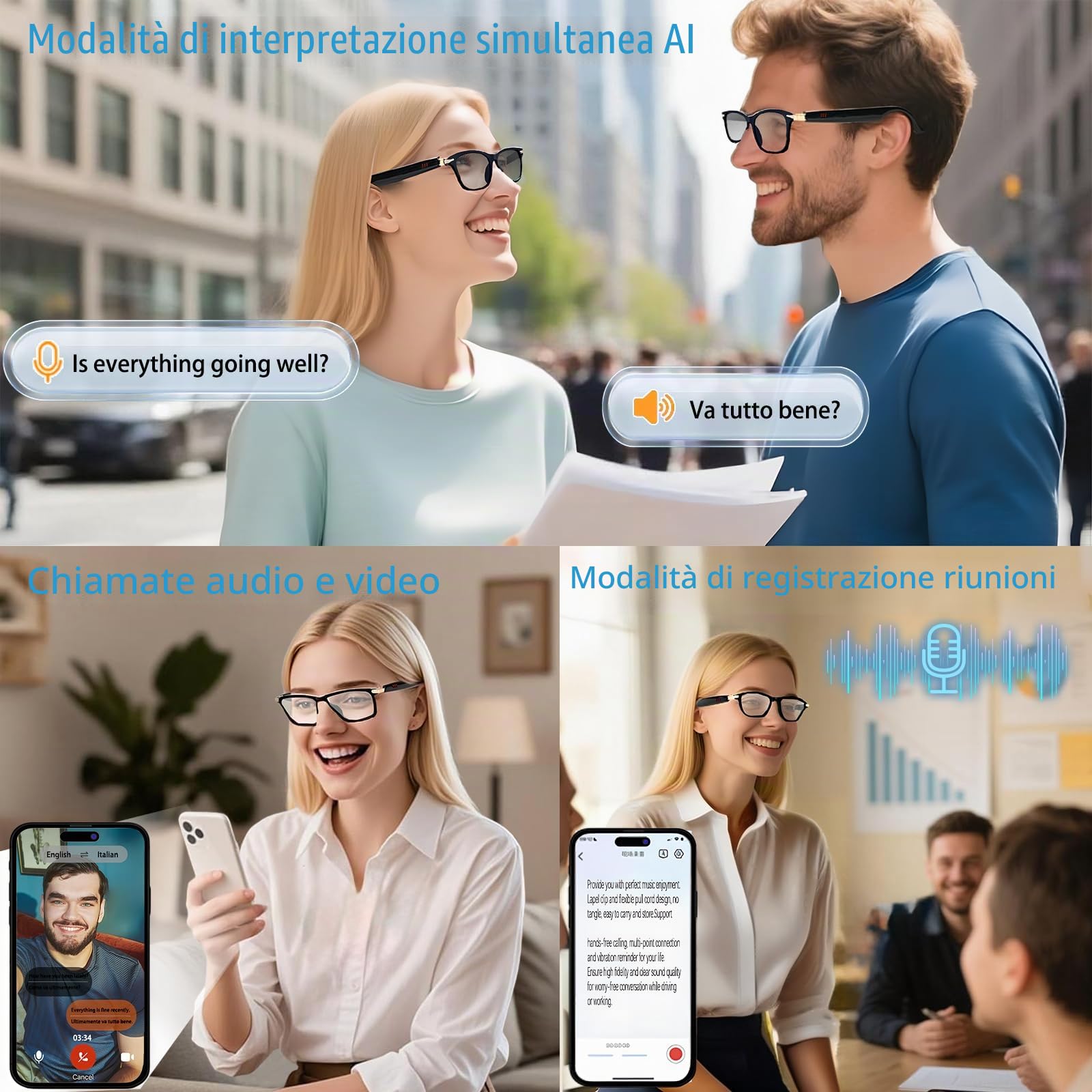 Occhiali Smart Traduttore AI, Lenti Fotocromatiche, Occhiali da Bluetooth Sole Polarizzati con Interpretazione Simultanea, Traduttore Vocale per Uomini e Donne,110+ Languages