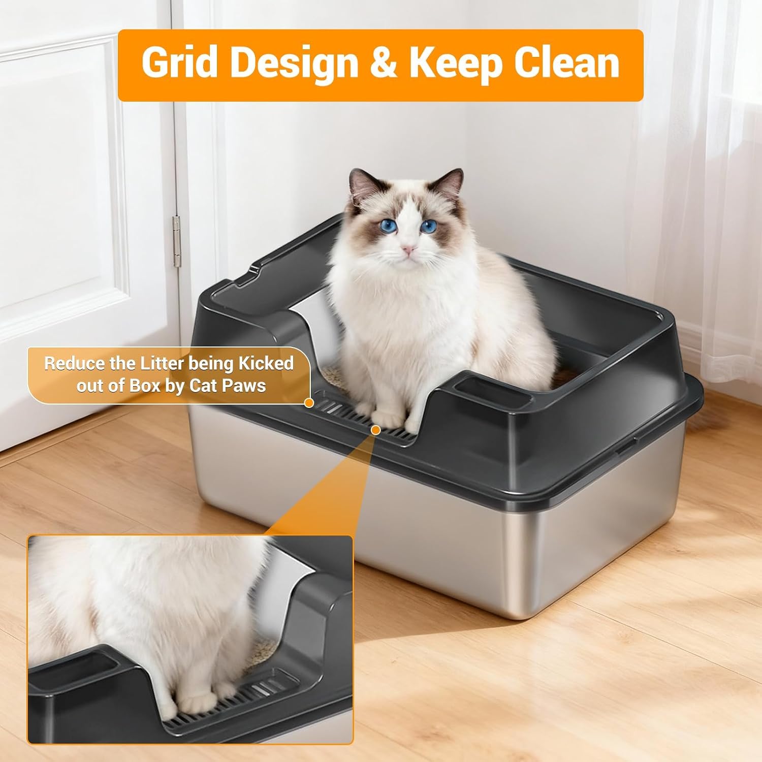 Garvee Stainless Steel Litter Box, XL Enclosed Cat Litter Boxes with Lid for Big Cats and Multi-Cats, High Sided, Anti-Urine Leakage Non-Stick Bottom Include Scoop Easy to Clean