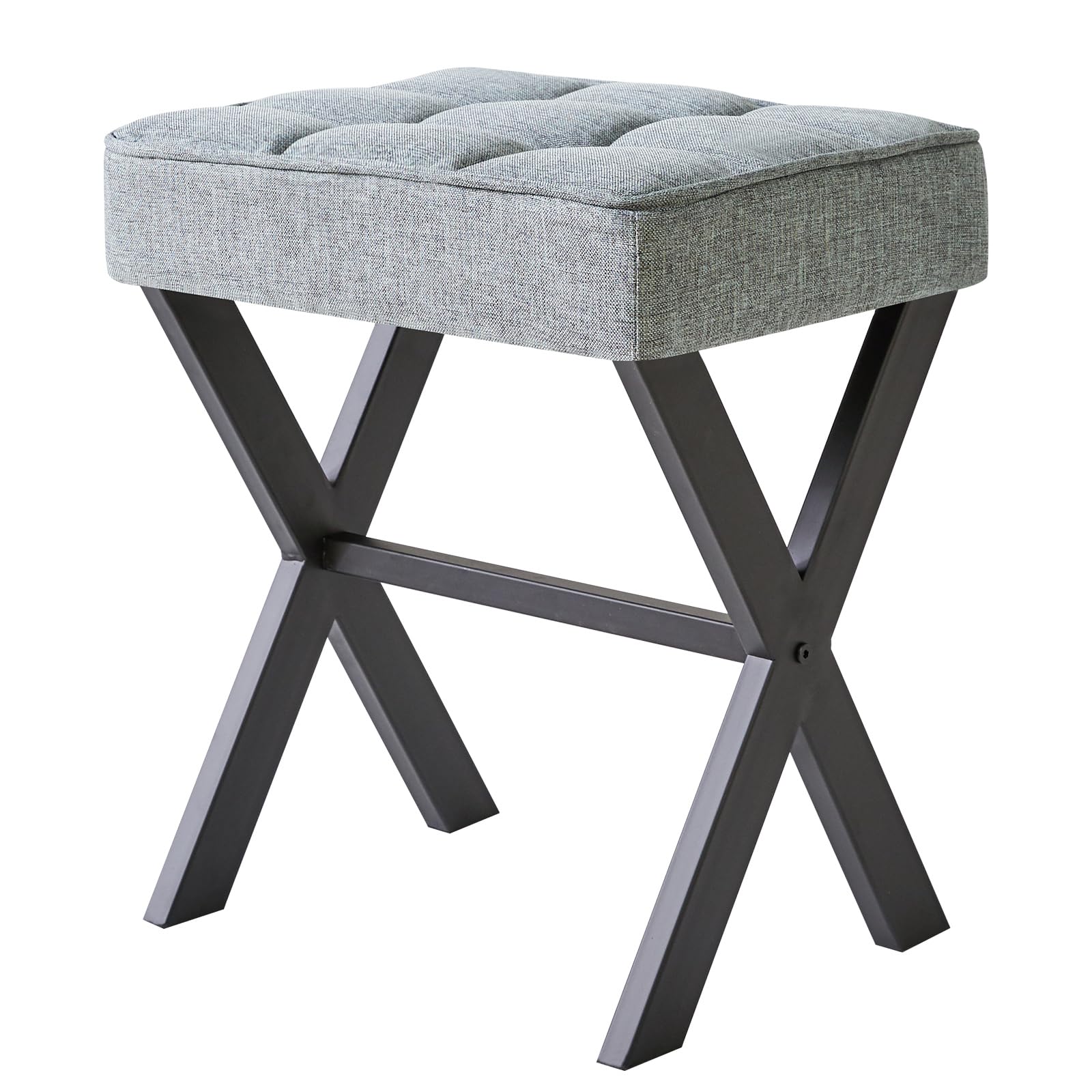IBUYKE Square Makeup Stool with X-Leg Foot Rest, Linen Footrest Stool, Ottoman Seat Vanity Stool, Multi-Use as Small Side Table, for Bedroom, Living Room, Blue Gray LG-70L