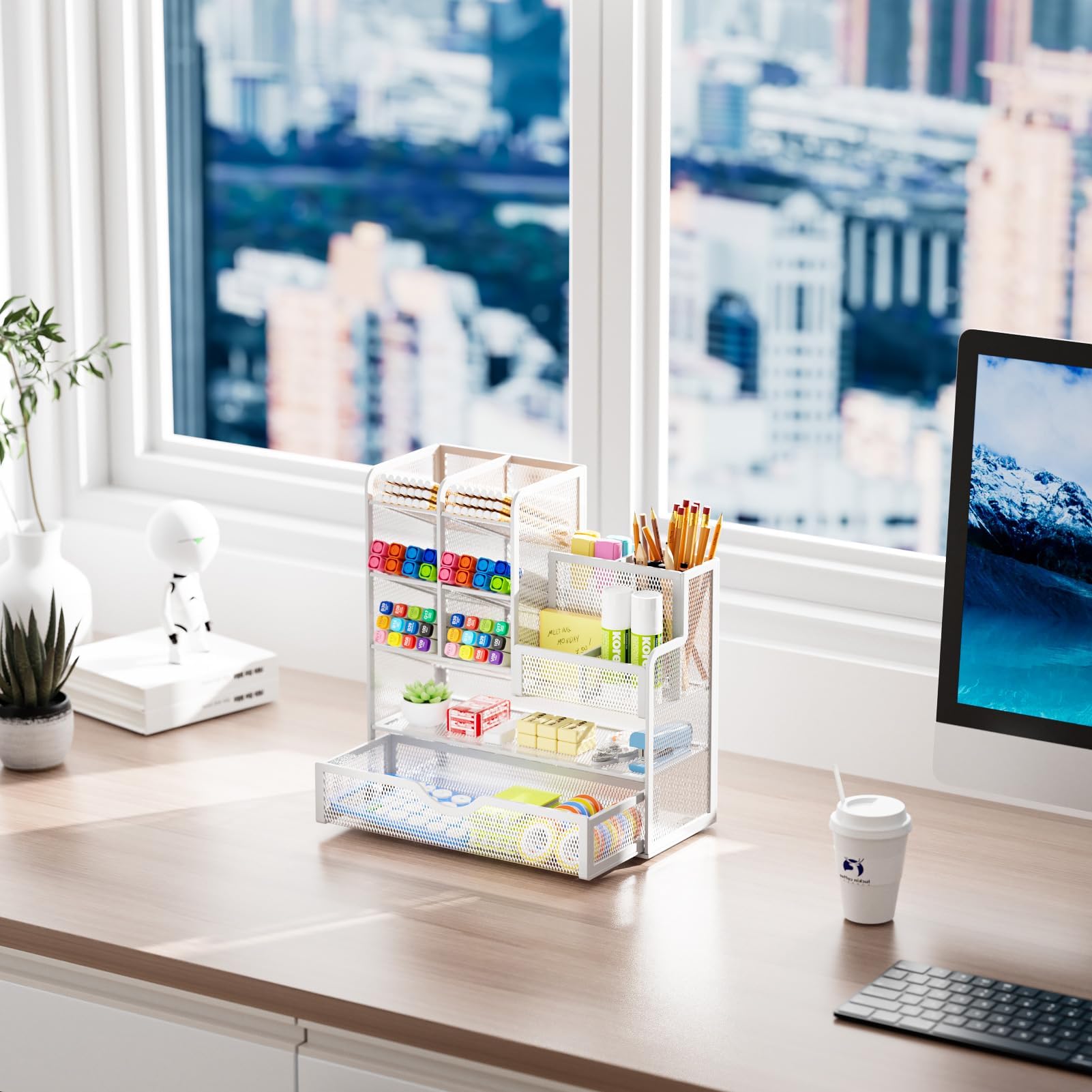 Marbrasse Organizer Scrivania,Multifunzione Rete Porta Penne per Scrivania,Desk Organizzatore,Portaoggetti Penne Cassetti per Casa e Ufficio(Bianco)