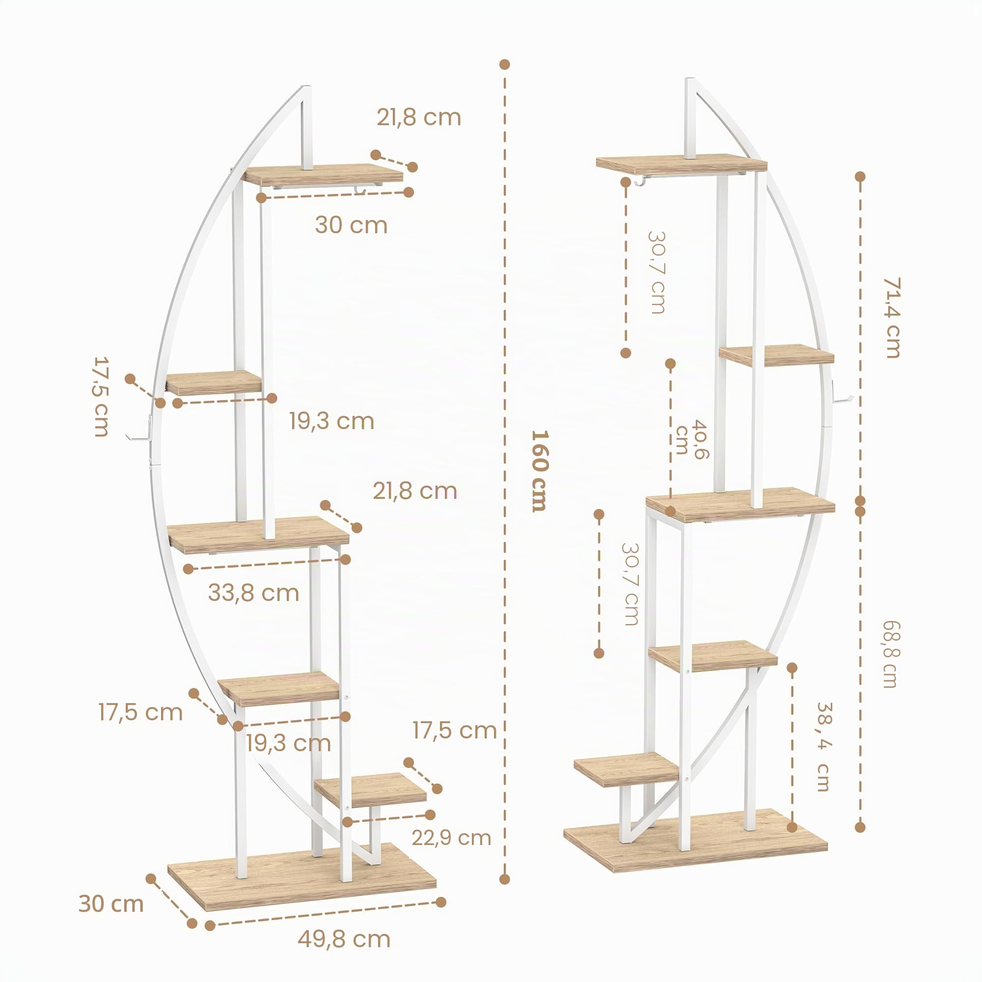 BACEKOLL Support pour plantes d'intérieur en métal Étagère haute à 6 niveaux Lampes de croissance Presentoir en demi-lune Support pour salon et terrasse - Blanc