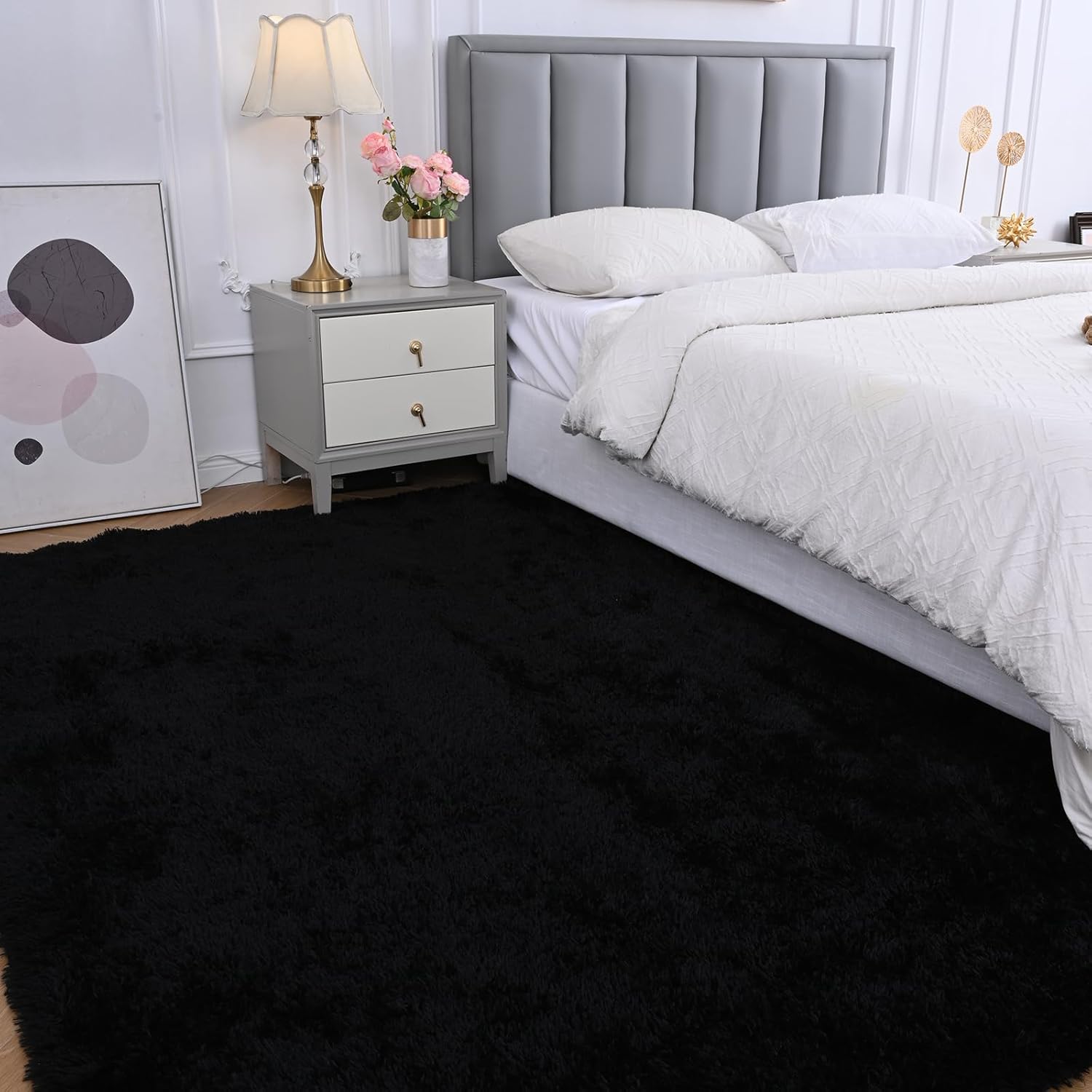 Fluffy Area Rug for Bedroom: Black Plush Soft Bedside Dorm Area Rug - Small Carpets for Bedroom Kids Room Nursery (Black, 3x5Feet) Black 3' x 5' (Rectangular)