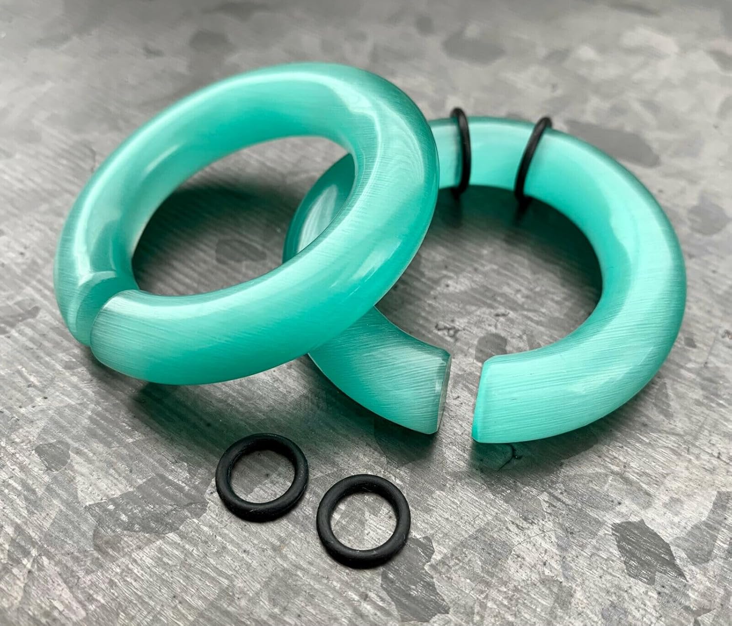 PAIR of Unique Aquamarine Cat Eye Large Stone Hoops Glass Hanger Ear Plug Gauge Tunnel - Body Jewelry