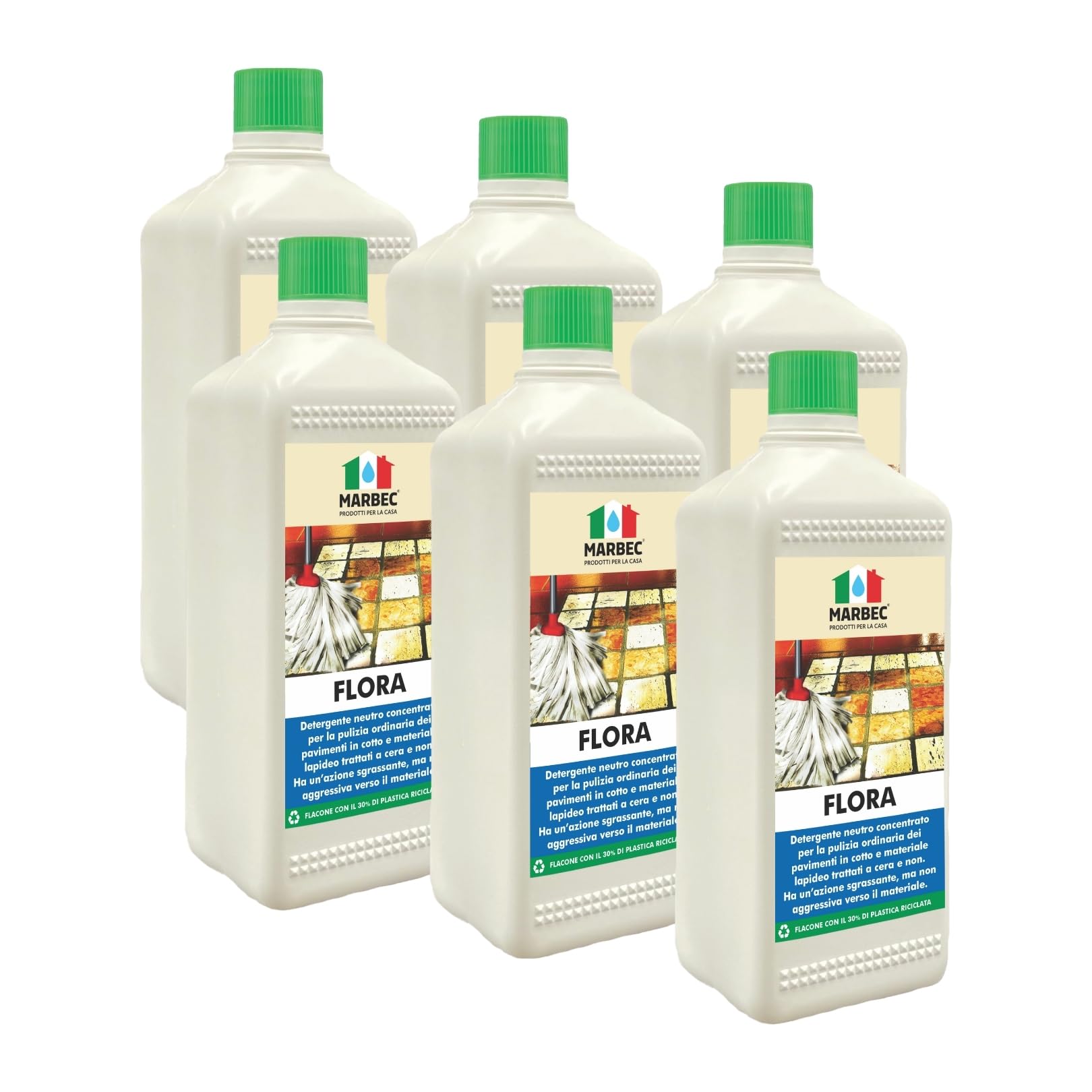 MARBEC FLORA 1LTX6PZ Detergente per pavimenti in cotto e materiali lapidei, ideale per la pulizia ordinaria di superfici trattate e non.