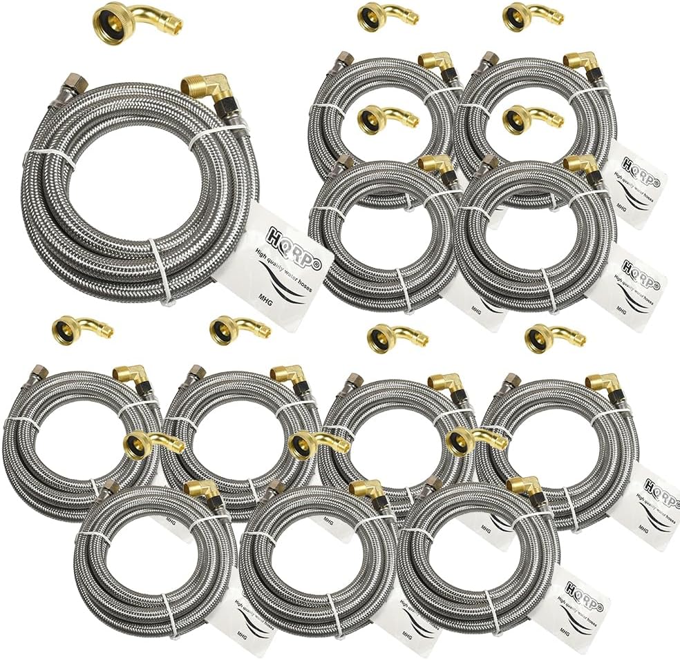 HQRP Dishwasher Fill Hose 6FT (12-Pack) – Universal Stainless Steel Water Supply Line, 3/8" Comp x 3/8" Comp, 90° MIP Elbow & 3/4" Swivel Gooseneck Fitting, Burst-Proof Connection
