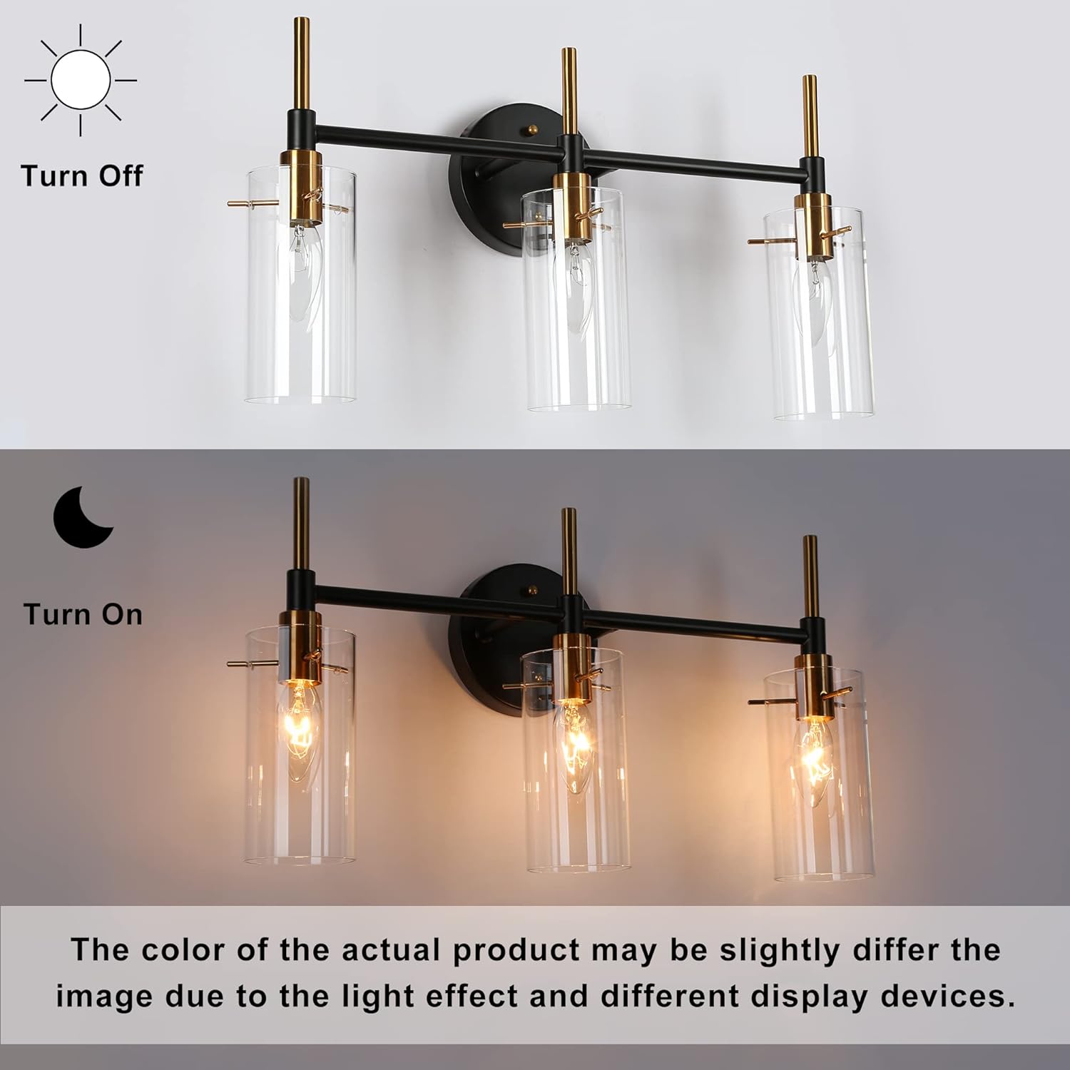 Durent Lighting Modern Bathroom Light Fixtures, 3-Light Clear Glass Shade Vanity Lights in Matt Black and Brushed Brass Finish