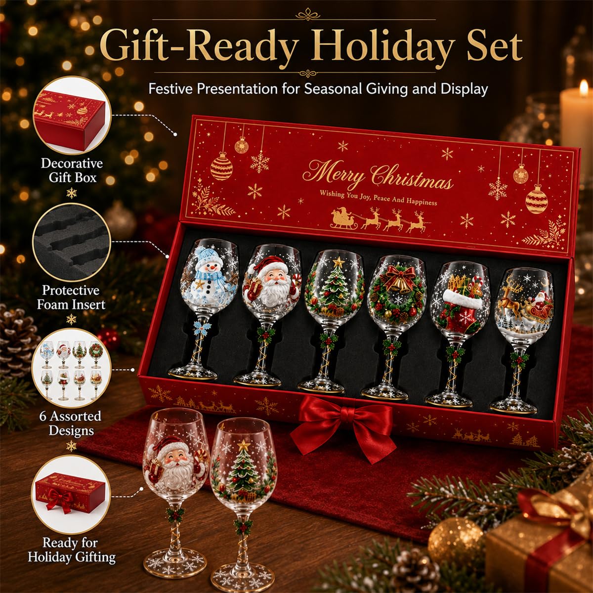 Świąteczne kieliszki do wina 3D Zestaw Świątecznych Stemed Goblets With Santa Snowman Tree Motifs Gold Spiral Trim Na Xmas Dinner Party Gifts Dekoracyjne Barware
