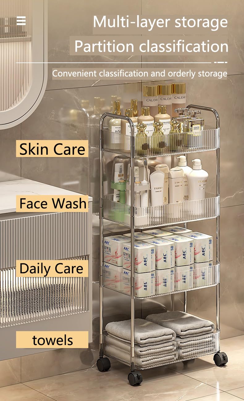 Tier Rolling Cart with Hanging Basket, Easy Assembly Acrylic Storage Carts with Lockable Wheels, Utility Cart Storage Organizer Serving for Office, Living Room, Kitchen, Bathroom (4-Tier with Box)