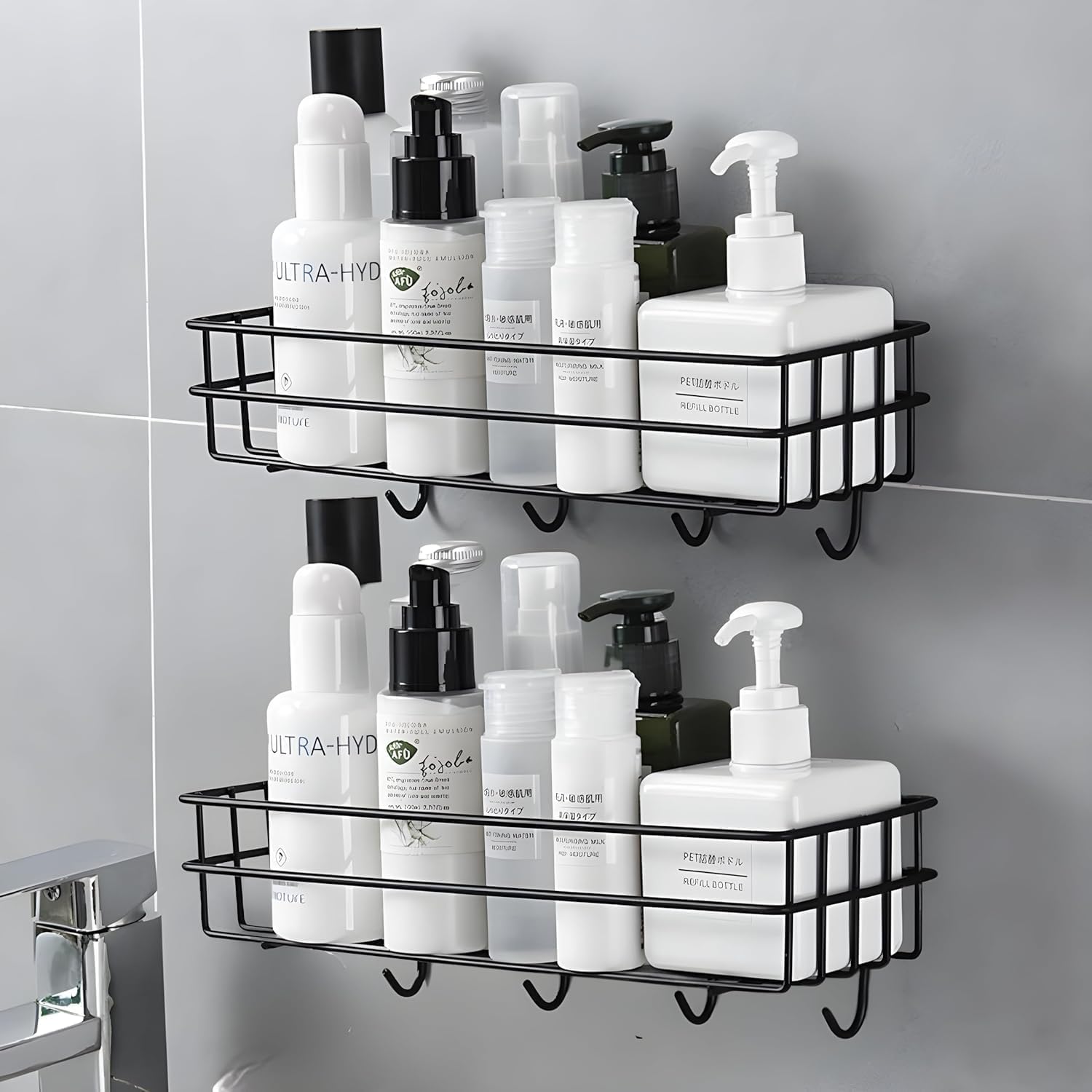 Bathroom Rack for Shampoo Organizer with Shelf Adhesive Set of 2 Bathroom Shelf Rack with 4 Hooks Wall Storage Organizer Metal Rack for Bathroom, Black