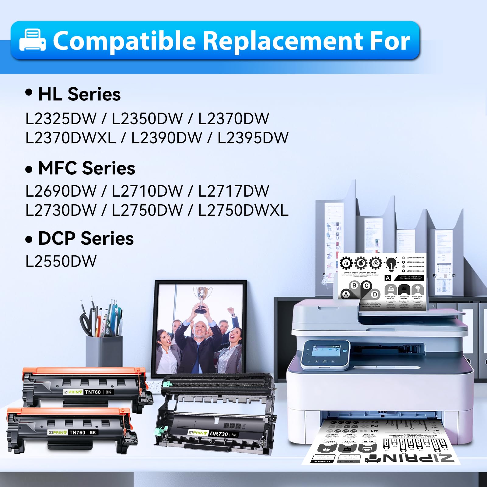 ZIPRINT Cartuccia toner TN760 e DR730 di ricambio compatibile per Brother TN 760 TN-760 TN730 DR730 per MFC-L2710DW MFC-L2750DW HL-L2370DW DCP-L2550DW (2 toner, 1 unità DR730, confezione da 3)
