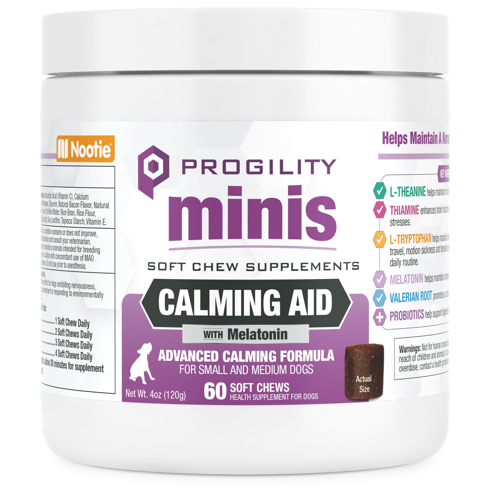 Nootie Progility Mini Calming Aid Chews for Dogs, Advanced Calming Support for Dogs with Melatonin, 60 Soft Chews