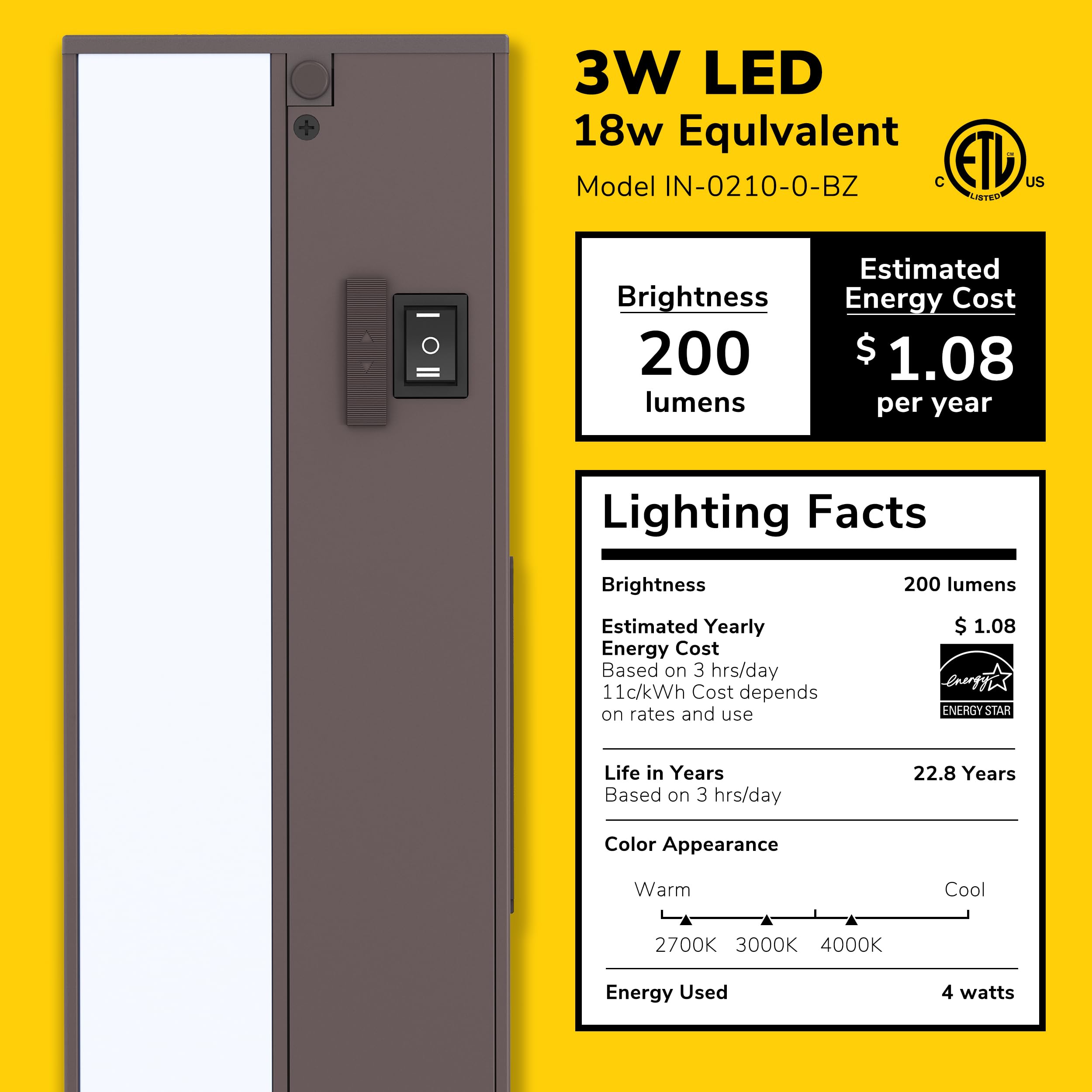 GETINLIGHT 9-inch 3 Color Levels LED Under Cabinet Lighting, Hardwired or Plugged-in, Selectable White 2700K/3000K/4000K, Dimmable, Bronze Finished, IN-0210-0-BZ