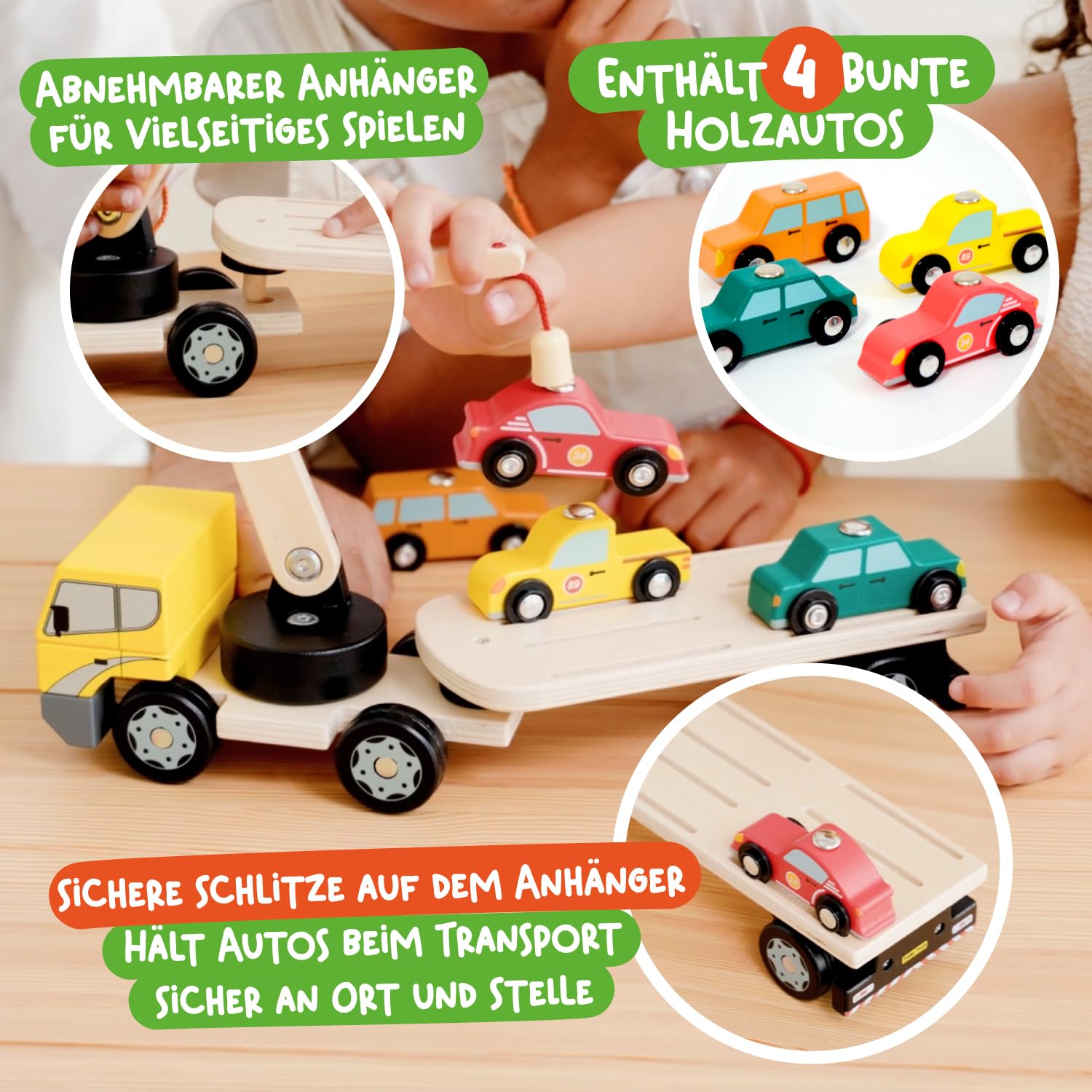 Nene Toys Autotransporter aus Holz mit Kran & 4 Magnet-Autos – Magnetspielzeug für Kinder ab 2 Jahren – Montessori Holzspielzeug & Lernspiel mit Fahrzeugen – Geschenk Jungen Mädchen 2 3 Jahren