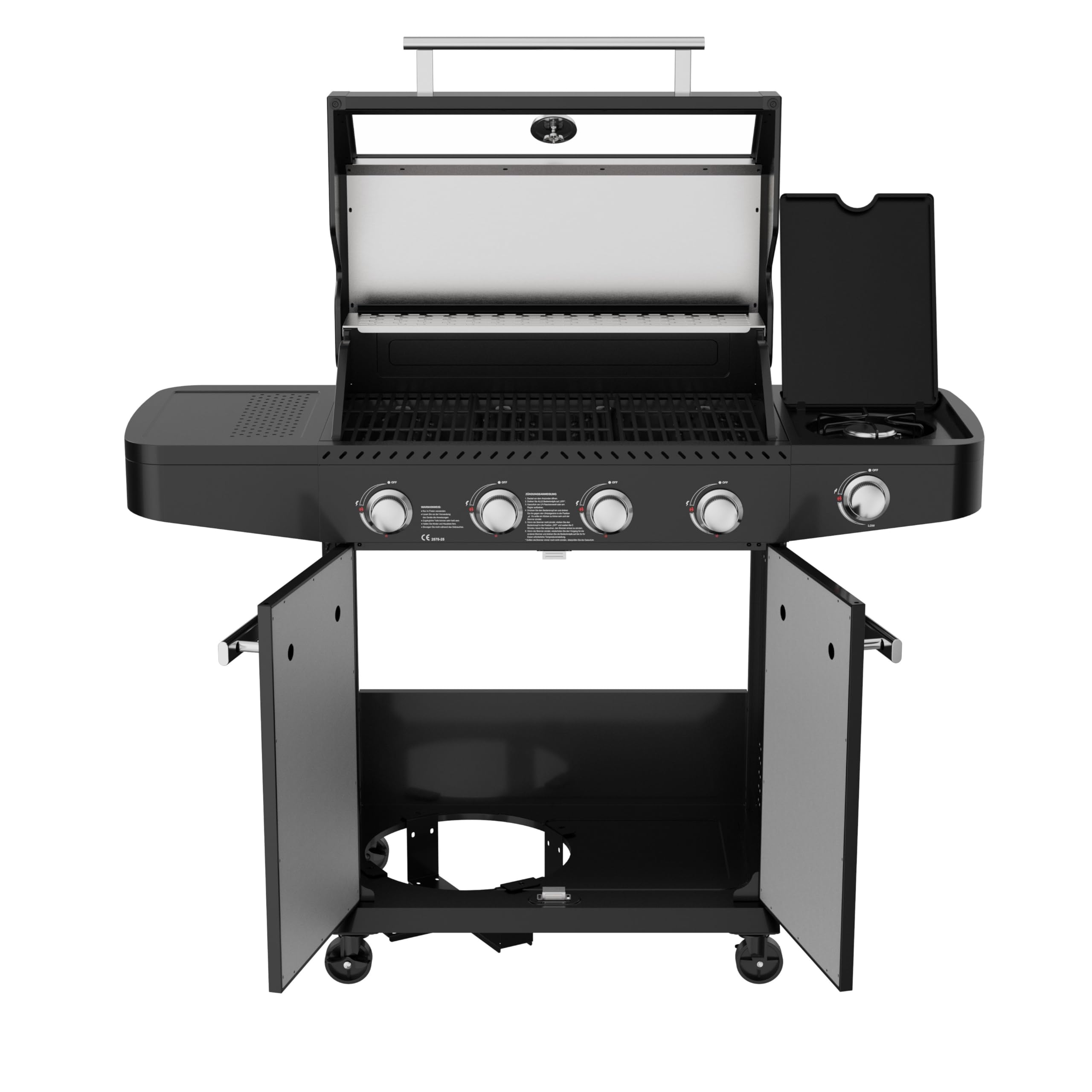 Milani Home - barbecue a gas da giardino, 4 fuochi + fornello laterale, metallo, con coperchio e ruote, nero