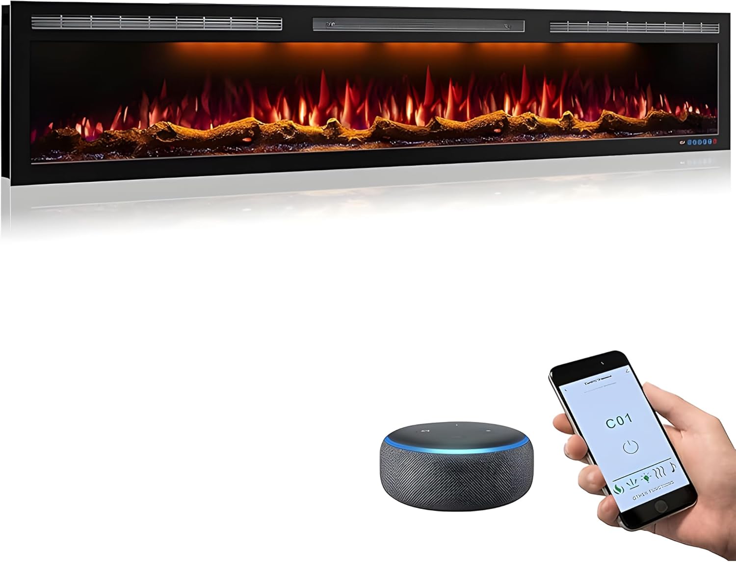 Mystflame 88 Inch WiFi-Enabled Electric Fireplace with remote and smart speaker