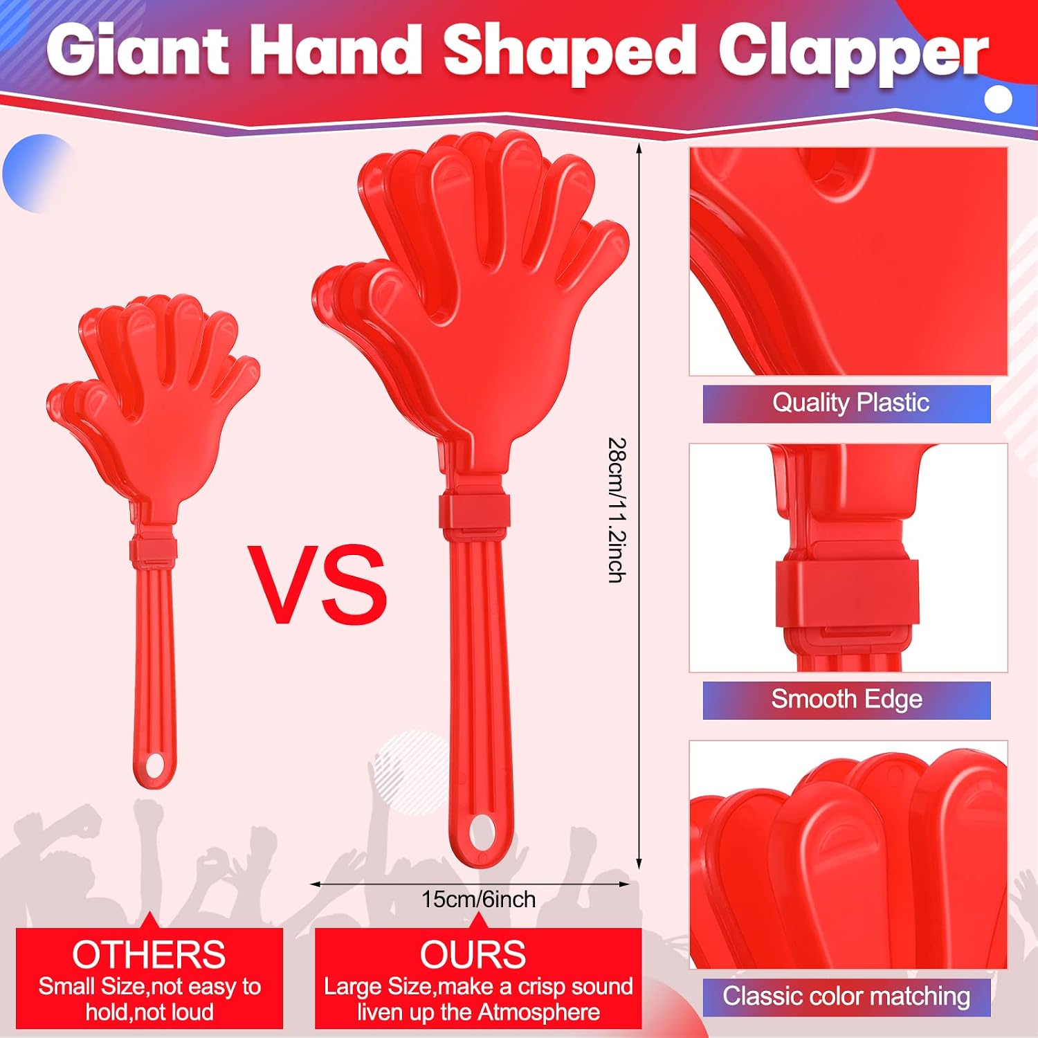4 Pieces Jumbo Hand Clappers 11 Inch Noise Makers Party Favors Giant Large Hand Clappers Noise Makers for Sporting Events Cheers Ball Dance Basketball Football Noisemakers (Red)