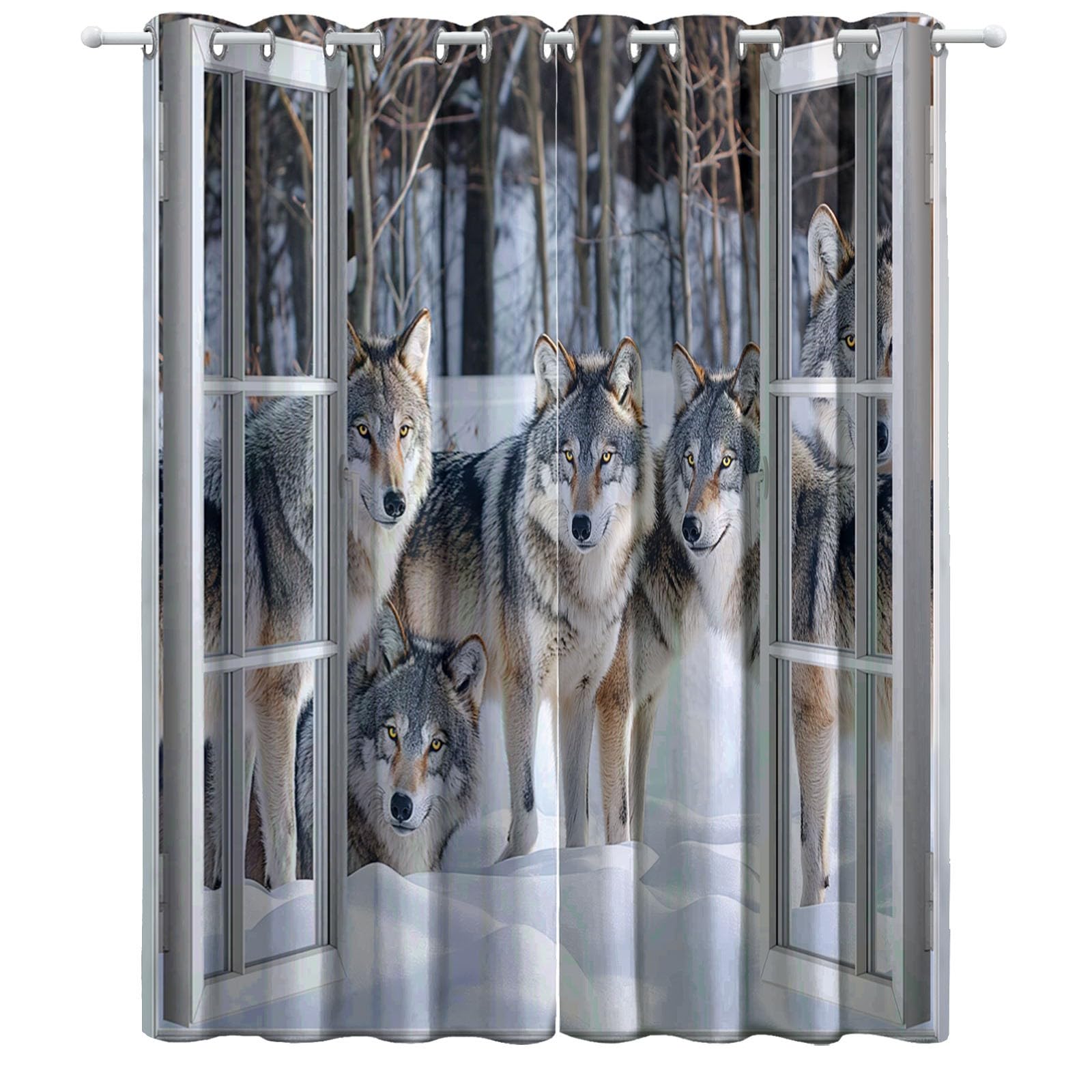 Rideau Occultant Lot de 2 Thermique Isolant Anti Froid Chaleur Fenêtre 3D Animaux Neige Opaque Œillets Blanc Gris 85x200 cm