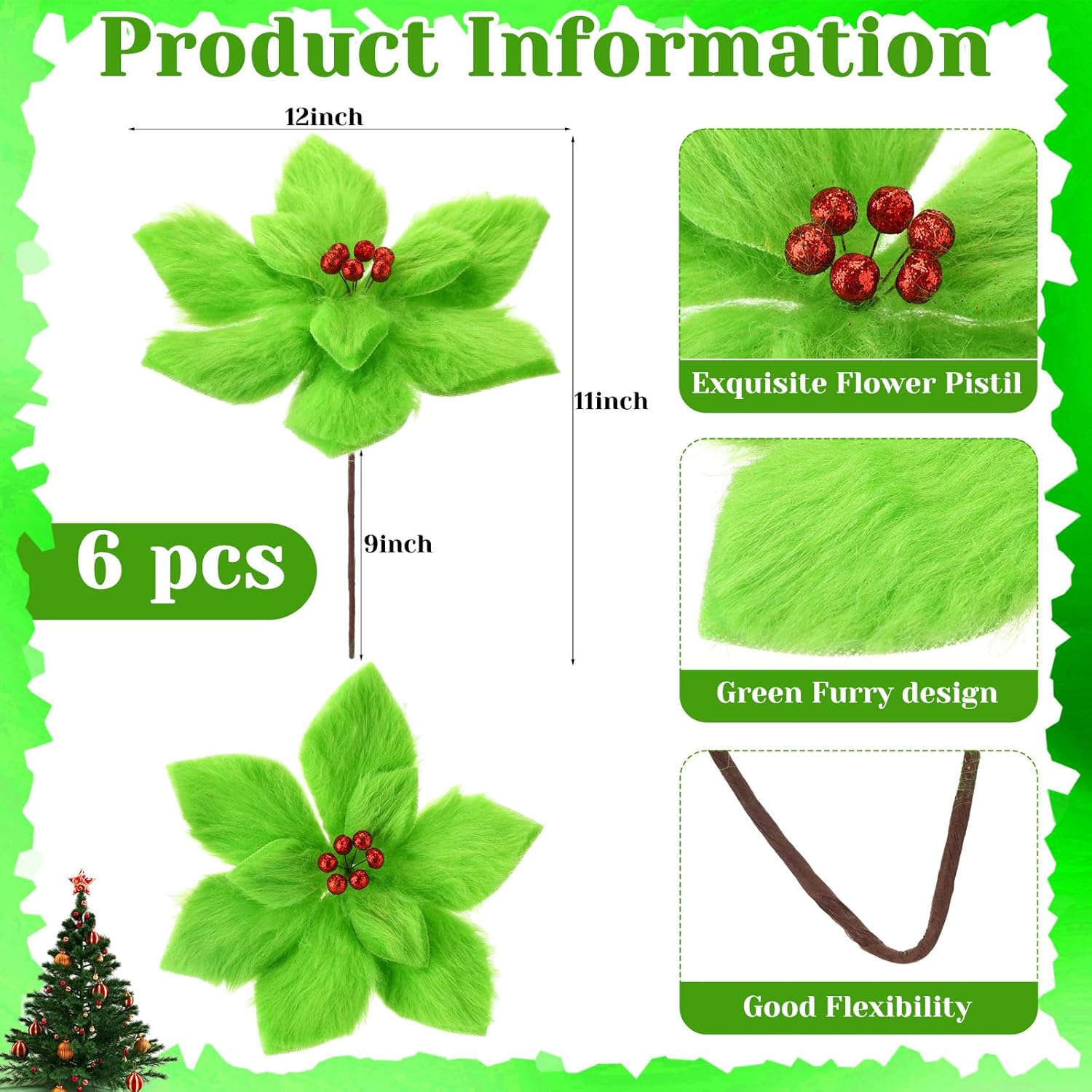 liliful 16 pack lime green furry poinsettia christmas tree ornament set 6 pcs 12 inch plush christmas poinsettia artificial flower 10 pcs 8.6 inch red green bow for home xmas tree garland party decor