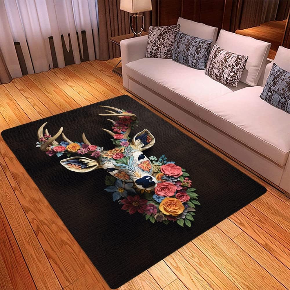 Customized Deer Rug - Deer Rugs Living Room - Deer Head Rug, Deer Hunting Area Rug Non-slip, Deer and Flower Rug for Bedroom Decor, Vintage Deer Rug, Deer Bathroom Rugs Whitetail Deer Area Rugs