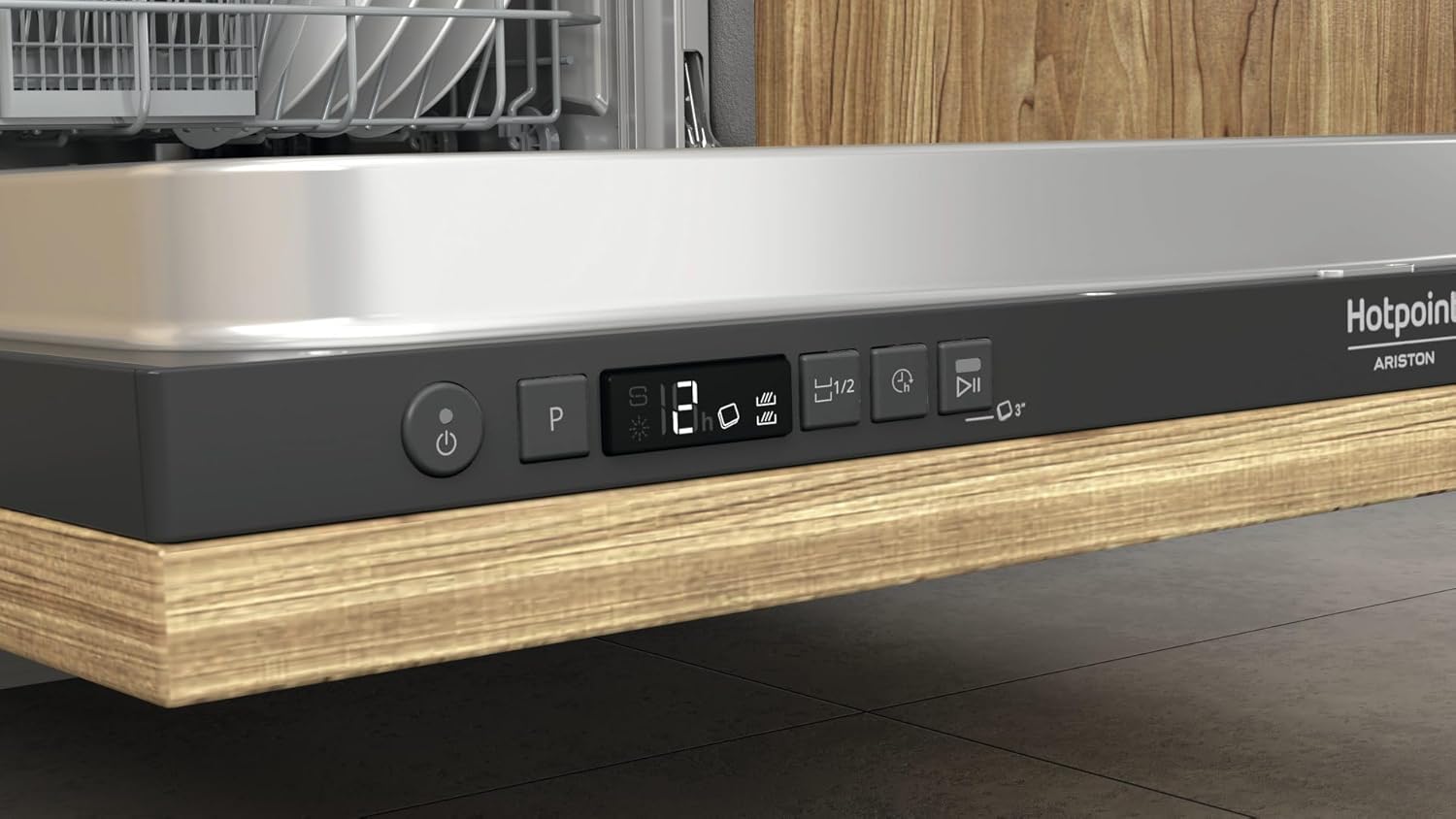 Close-up of the Hotpoint Ariston H2I HD526 AS dishwasher control panel with buttons and digital display.