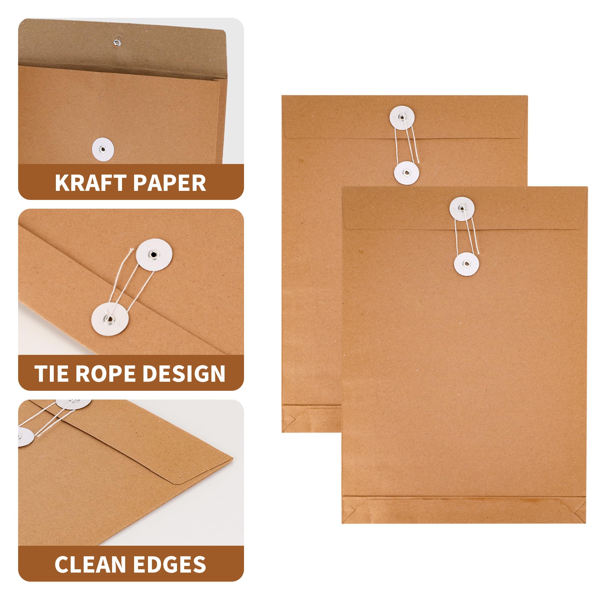 WeeGoo 30 Pcs A4 Kraft Paper String Envelopes, 34243 cm Brown Large Expandable Gussetted Envelopes with String Closure, Catalog Document Envelope for Business Office Home - Image 3