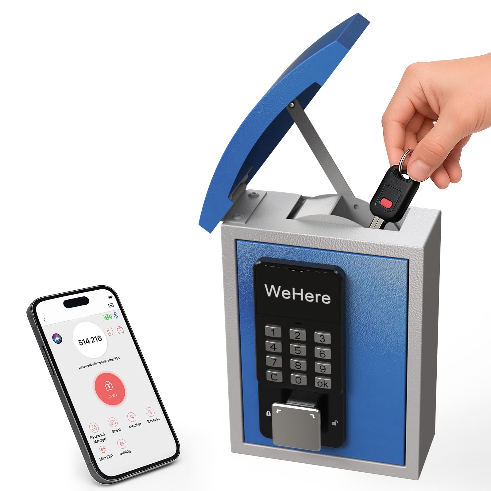 WeHere Smart Key Lock Box Wall Mount, 96 Key Cabinet With Bluetooth 5 Ways Unlocking App Customizable Passwords Key Organizer Holder Box Efficient