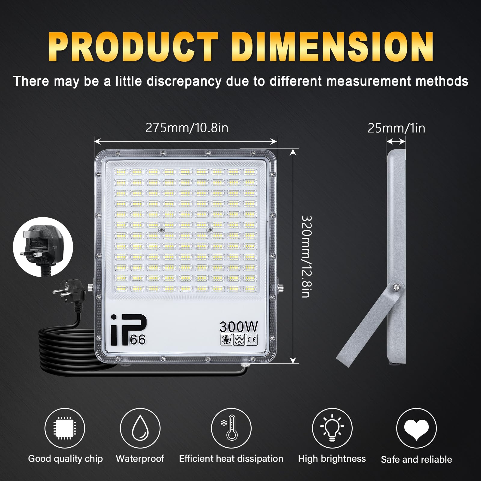 PICAA 1 Pièce Projecteur LED Sécurité 300W,30000LM, Blanc Froid 6500K