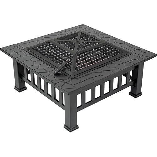 Outdoor Fire Pit Table, 32 inch Multifunction Metal Square Fire Pit in Black with Spark Screen Lid, Cooking Grate, and Protective Cover for Campfire, Outdoor Wood Burning, and Backyard by Sun-Ray