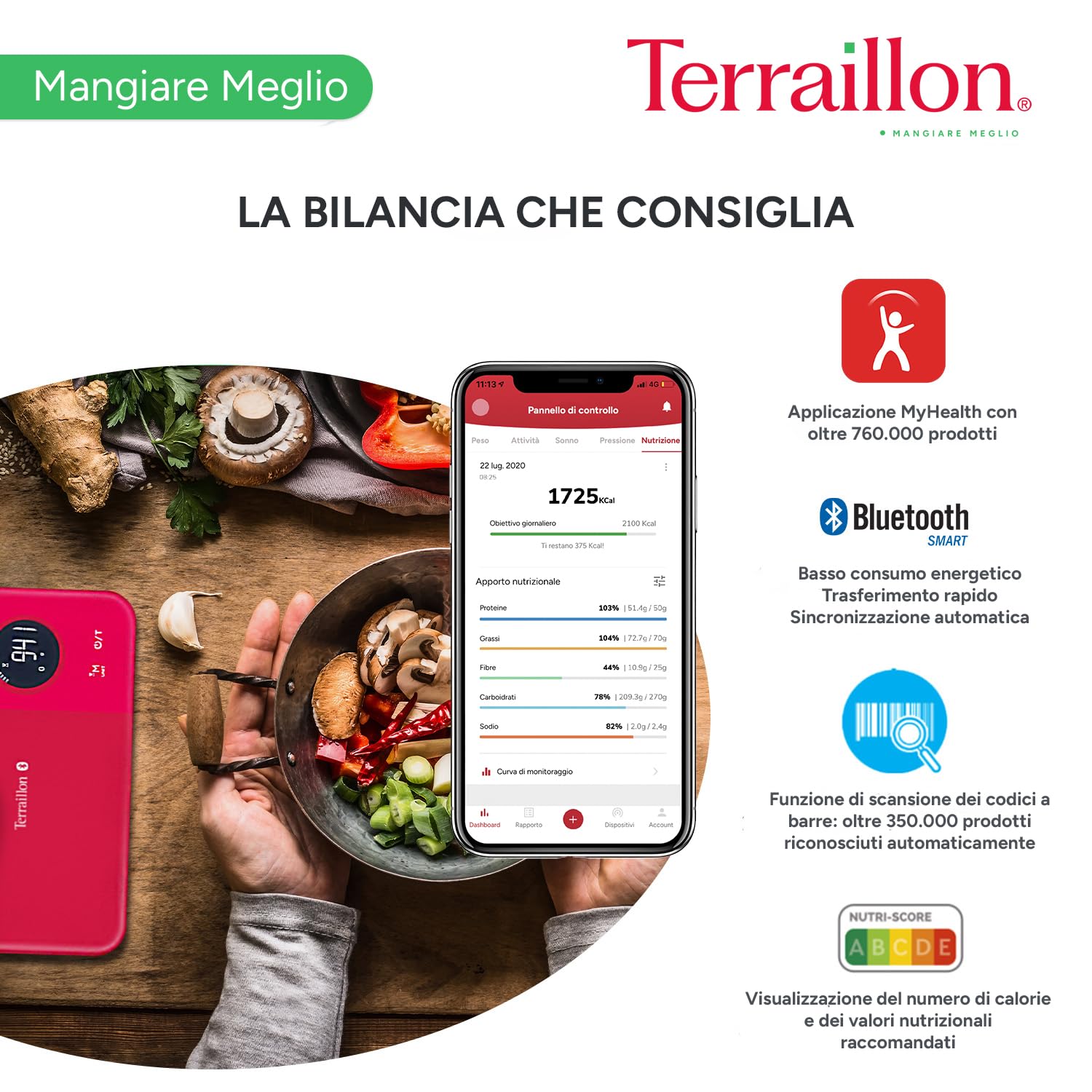 TERRAILLON - NUTRITAB - Bilancia da cucina con connessione Bluetooth, app MyHealth, piatto in vetro, portata 5 kg, precisione 1 g, scansione dei codici a barre, analisi del valore nutrizionale, rosso