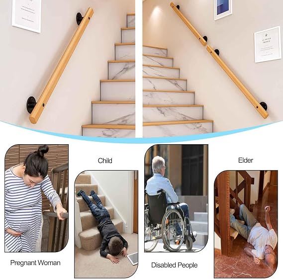 Wooden Handrail, Wall Mounted Grab Rail Safety Railing, 30CM - 400CM Non-Slip Safety Banister Support Handle(1ft/30cm)