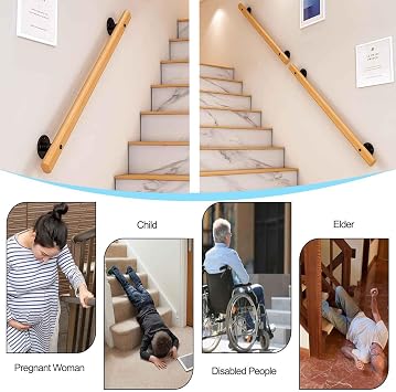 Wooden Handrail, Wall Mounted Grab Rail Safety Railing, 30CM - 400CM Non-Slip Safety Banister Support Handle(1ft/30cm)
